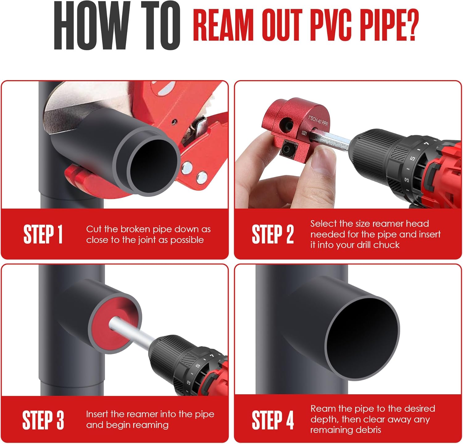 Houseables PVC Fitting Saver, PVC Reamer, Hub Saver, Pipe Reamer, Socket, Plastic Pipe Fitting Tool, Plumbing Tools, ABS, CPVC, Toilet Flange, Hub, Removal, Drill Kit, 3/4, 1, 1-1/2, 2, 3, 4, 6PC Set