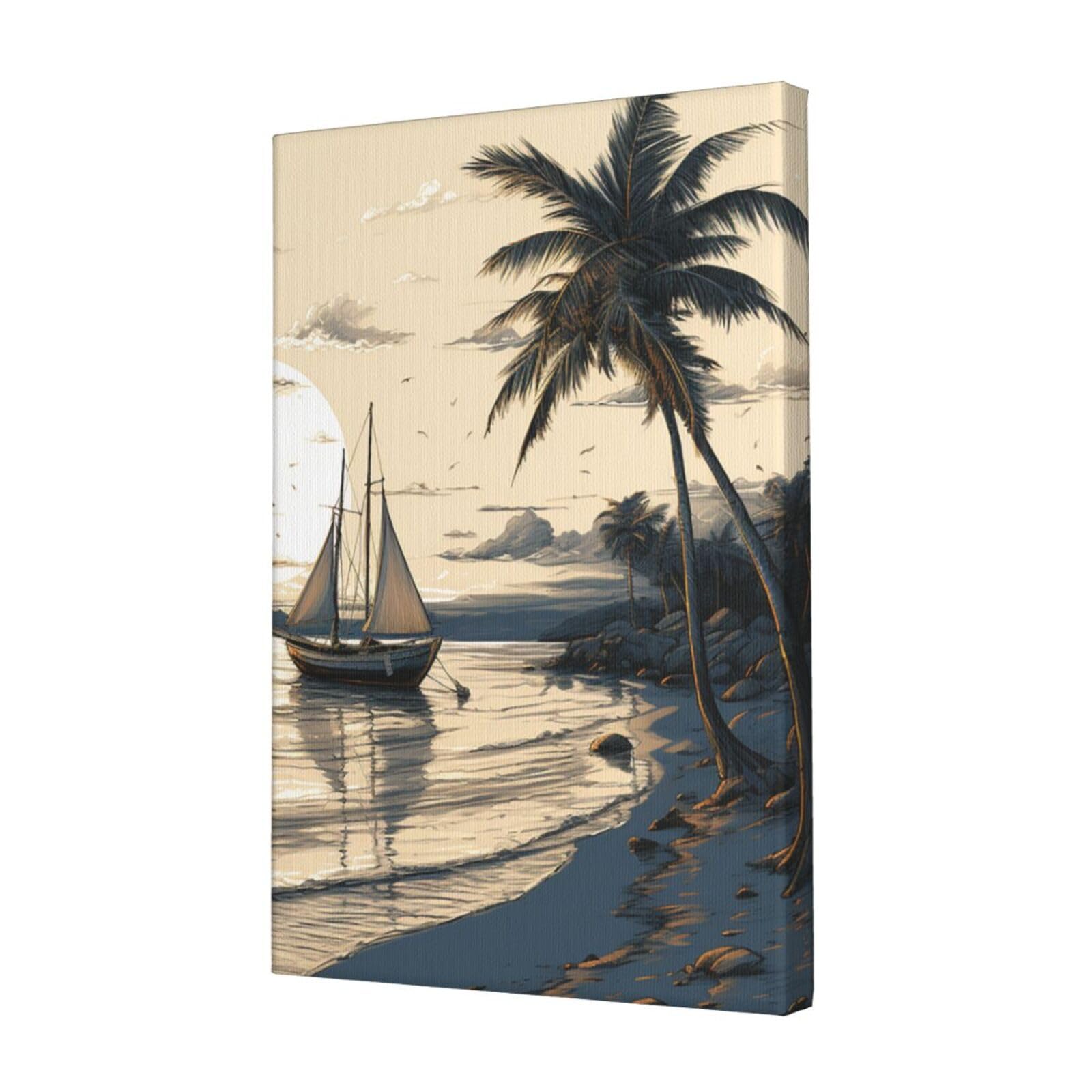 FodPand Palm Trees Fishing Boat Canvas Wall Art for Living Room Wall Decor 12"x18" Modern Artwork Painting Pictures Hanging Canvas Prints Aesthetic Wall Art for Bedroom Bathroom Office Wallart Decor