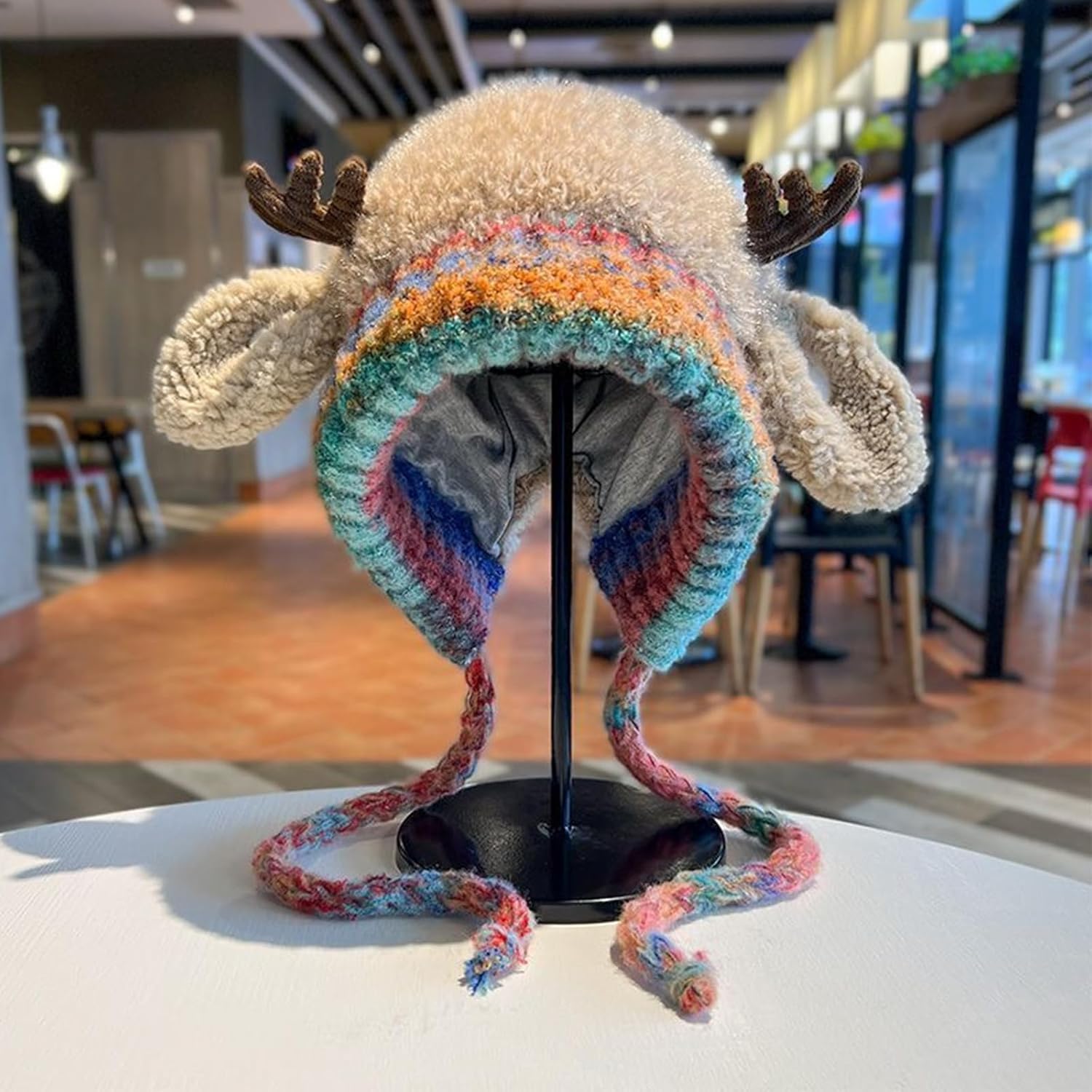 Christmas Antler Hat,Creative Reindeer Knitted Xmas Beanie&Bag 2-in-1,Foldable Deer Antler Winter Hat with Storage Handbag