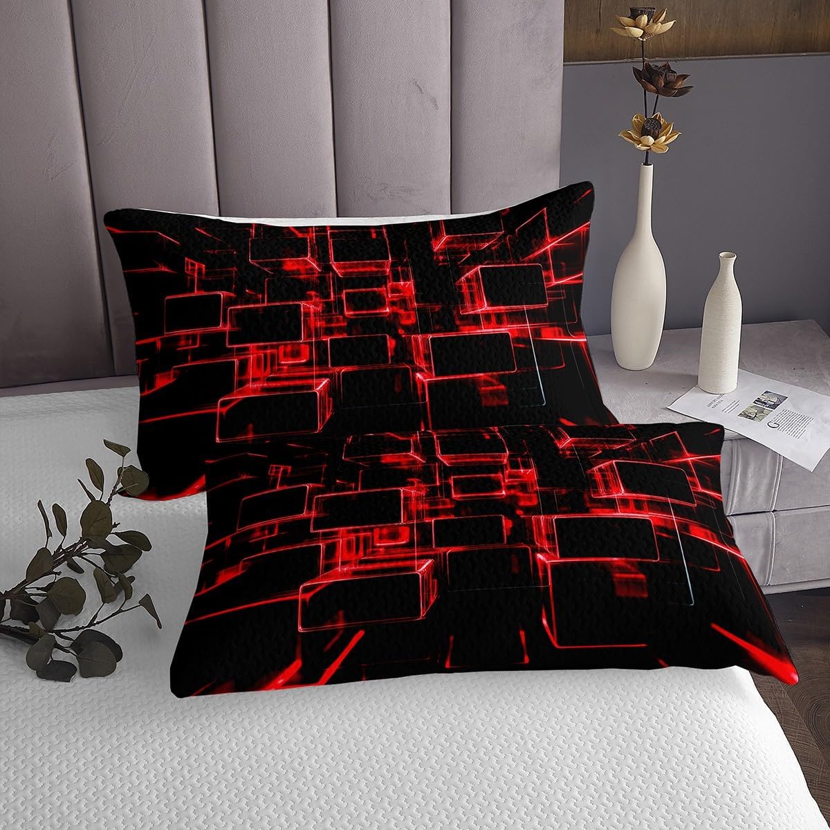 Erosebridal Fire Red and Black Kids Quilt Set King, Modern Geometric Square Bedspreads for Boys Girls Gradient Neon Light Honeycomb Coverlet Set with 2 Pillowcases