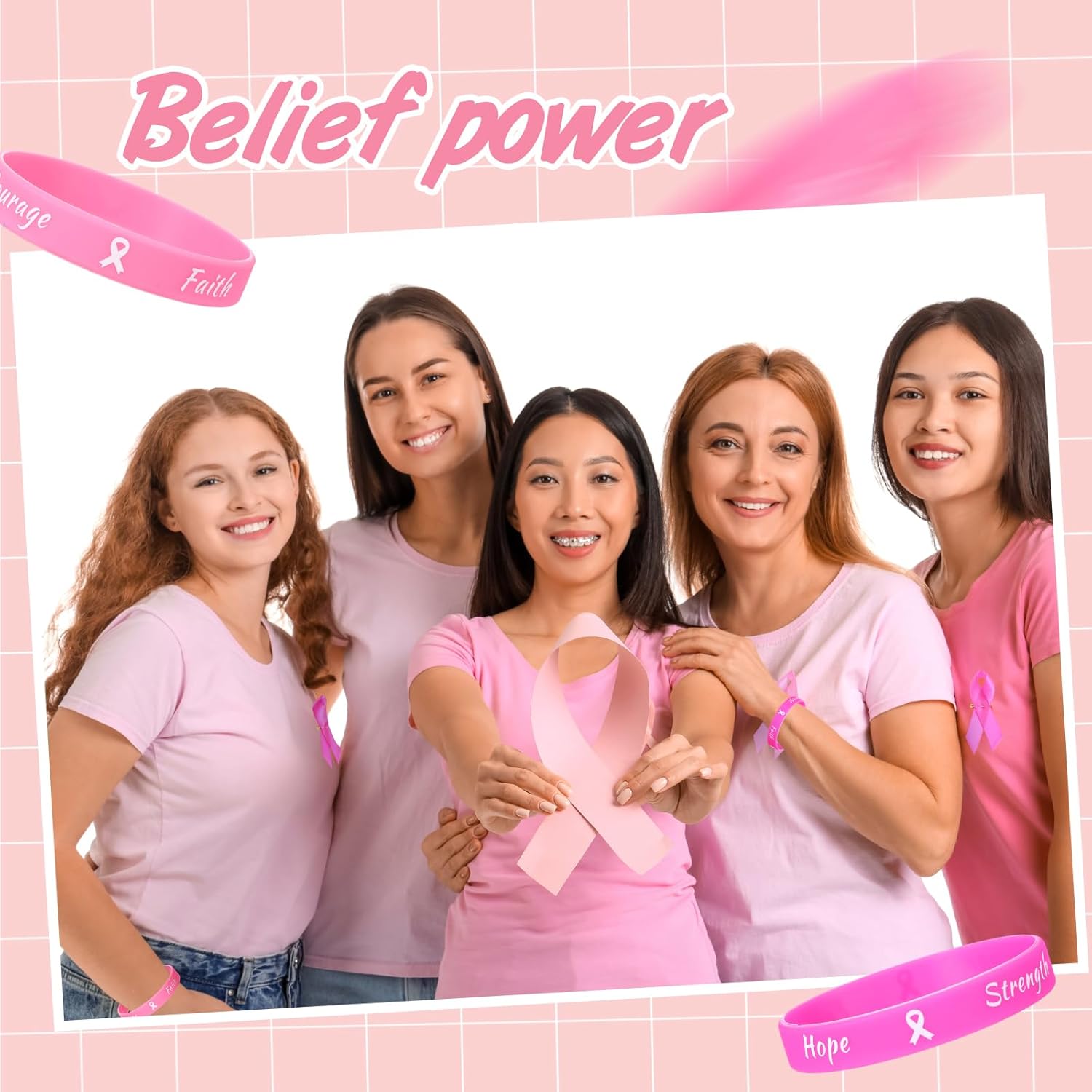 Sratte 400 Pcs Breast Cancer Awareness Lapel Pins and Ribbon Bracelets, 200 Rubber Wristbands, 200 Ribbon Pins, Breast Cancer Awareness Accessories for Women Events Decoration Gifts