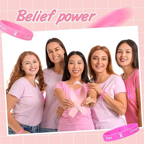 Miniatura 9 de Sratte 400 pines de solapa para concientización del cáncer de mama y pulseras de cinta rosa, 200 pulseras de goma, 200 pines de cinta rosa,