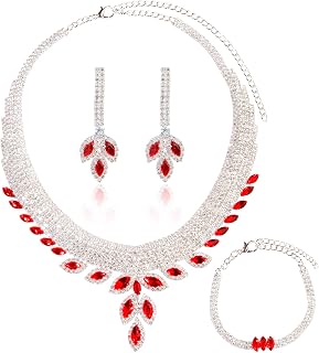 Crystal Wedding Jewelry Set - 3 Piece Marquise Rhinestone Cubic Zirconia CZ Bridal Bride Bridesmaids Statement Choker Necklace Dangle Earrings Link Bangle Bracelet Set for Bride Party Costume Jewelry
