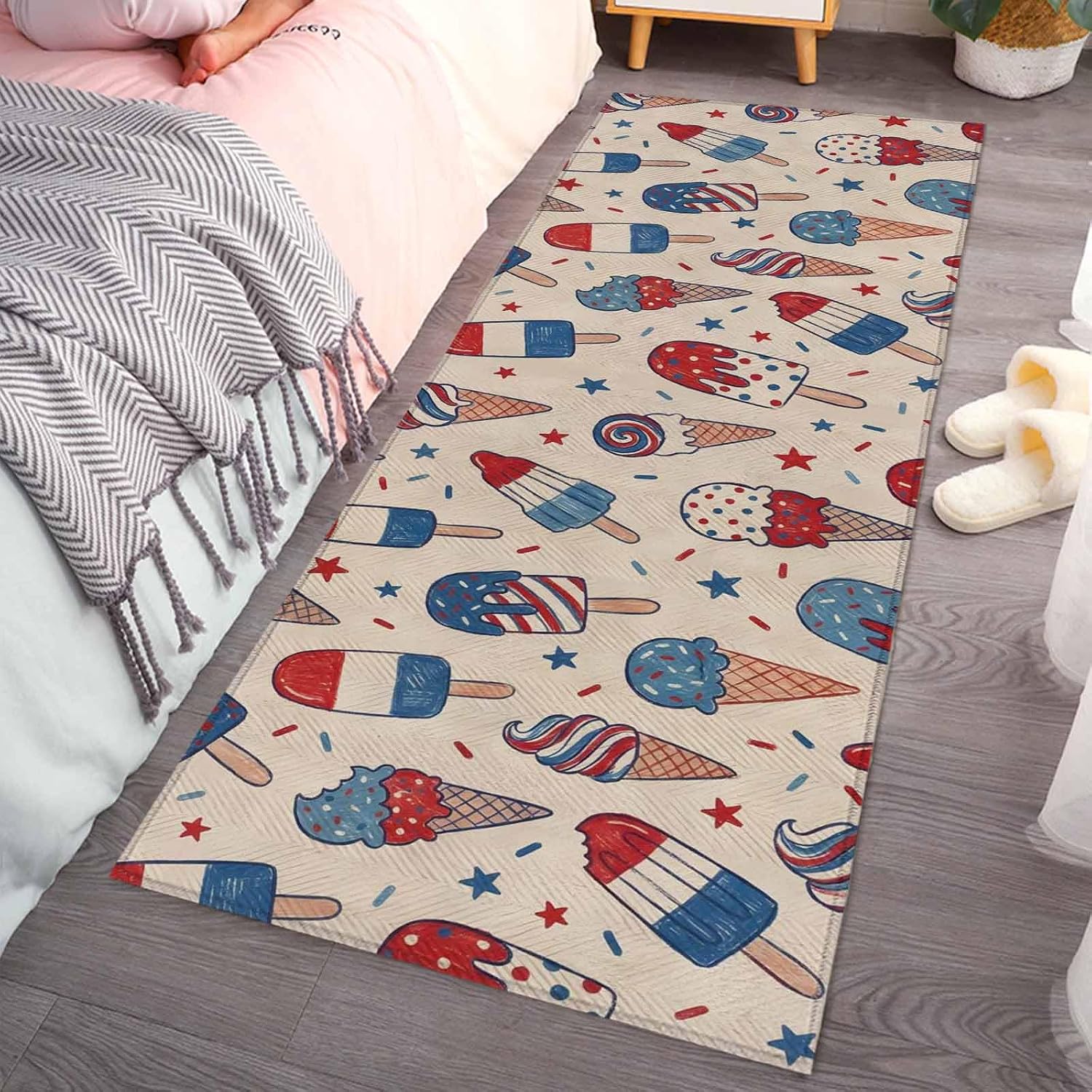 Teamery Kitchen Mats for Floor Independence Day Ice Cream Washable Non Slip Kitchen Rugs 1PCS, Retro 250th Anniversary Absorbent Standing Mats for Sink Bathroom Office Living Room 15.7x47.2in