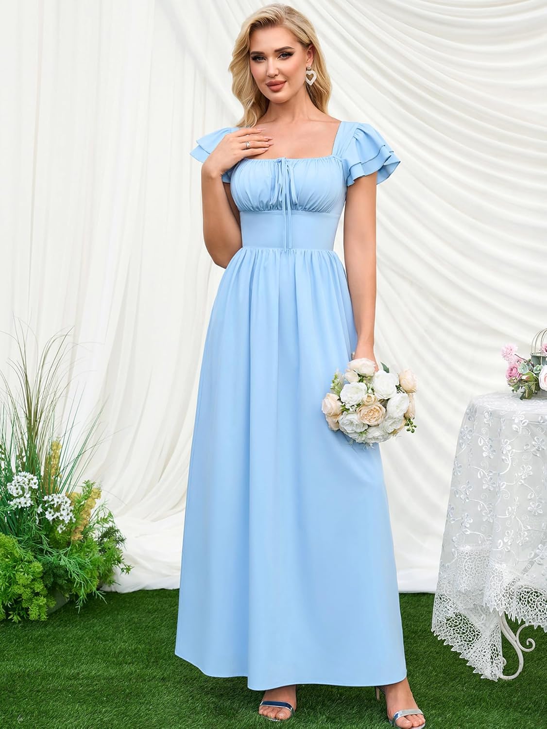 Auraxe Summer Casual Midi Dress Squrae Neck A Line Bridesmaid Dresses for Wedding Guest Smocked Wrap Maxi Beach Sundress - Image 4