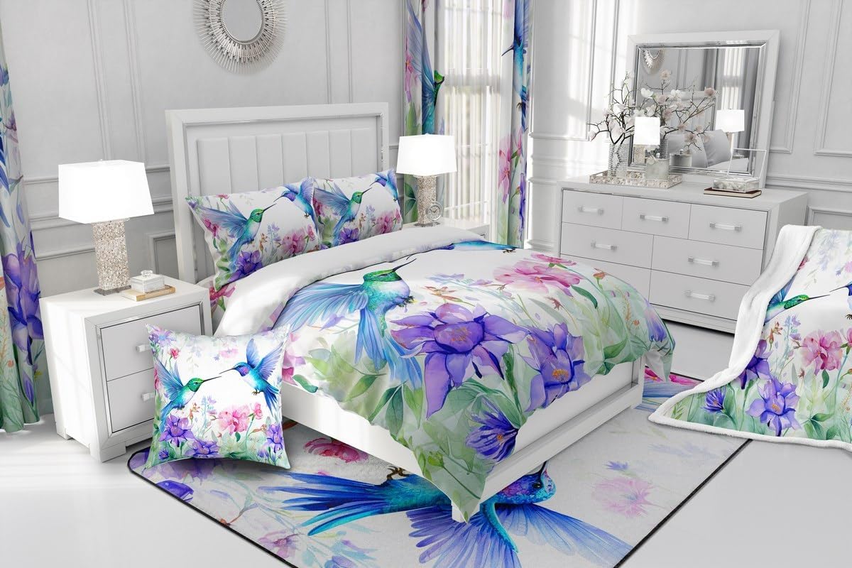 Hummingbird Girls Comforter Cover Butterfly Flower Birds Bedding Sets Wild Animals Duvet Cover Set Floral Plants Fresh Nature Bedspreads Cover 3 Pieces For Women Bedroom Decor Queen Size Green