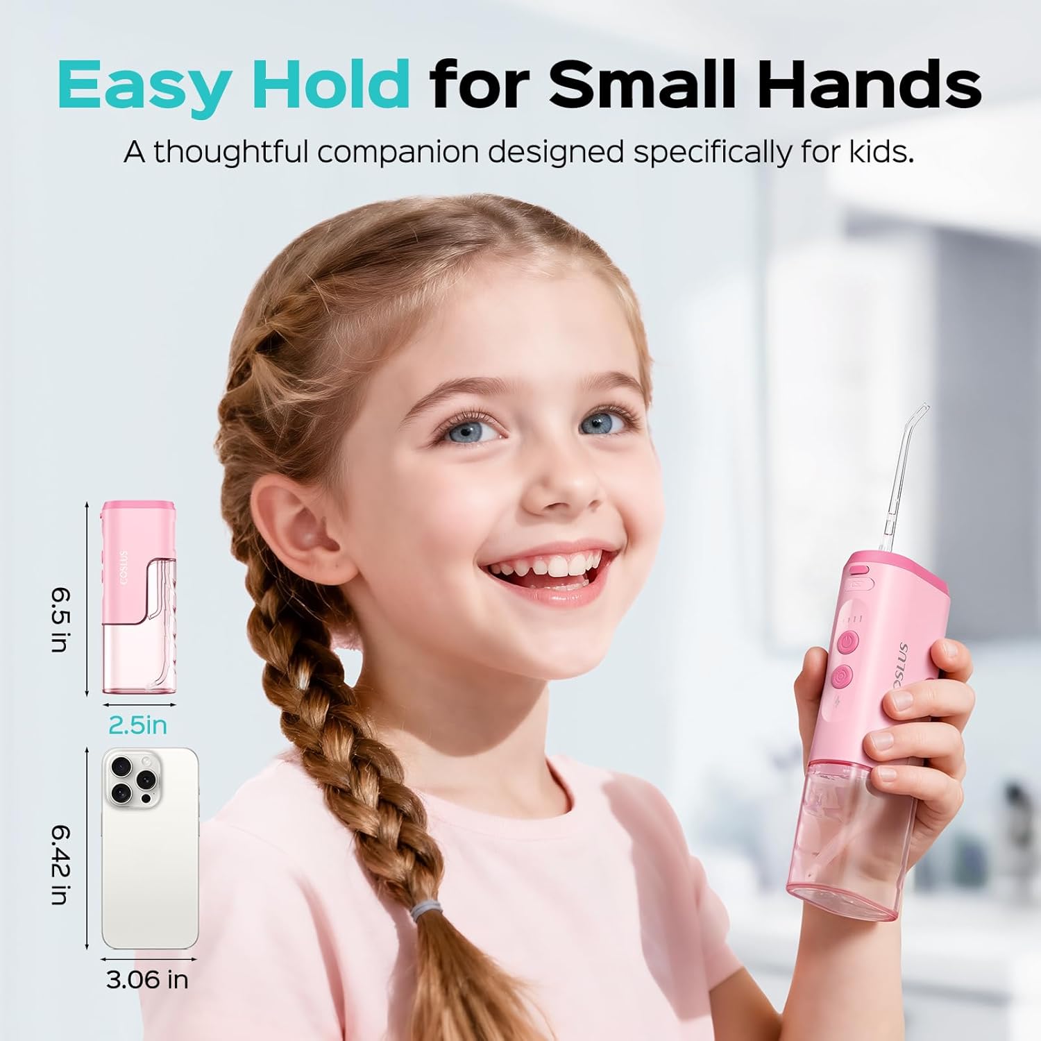 COSLUS T40 Portable Water Flosser for Kids: 4 Gentle Modes for Ages 6+, Braces & Sensitive Teeth - with Fun DIY Stickers, 4 Storable Nozzles, Mini Compact for Home School & Travel, BPA-Free, Pink