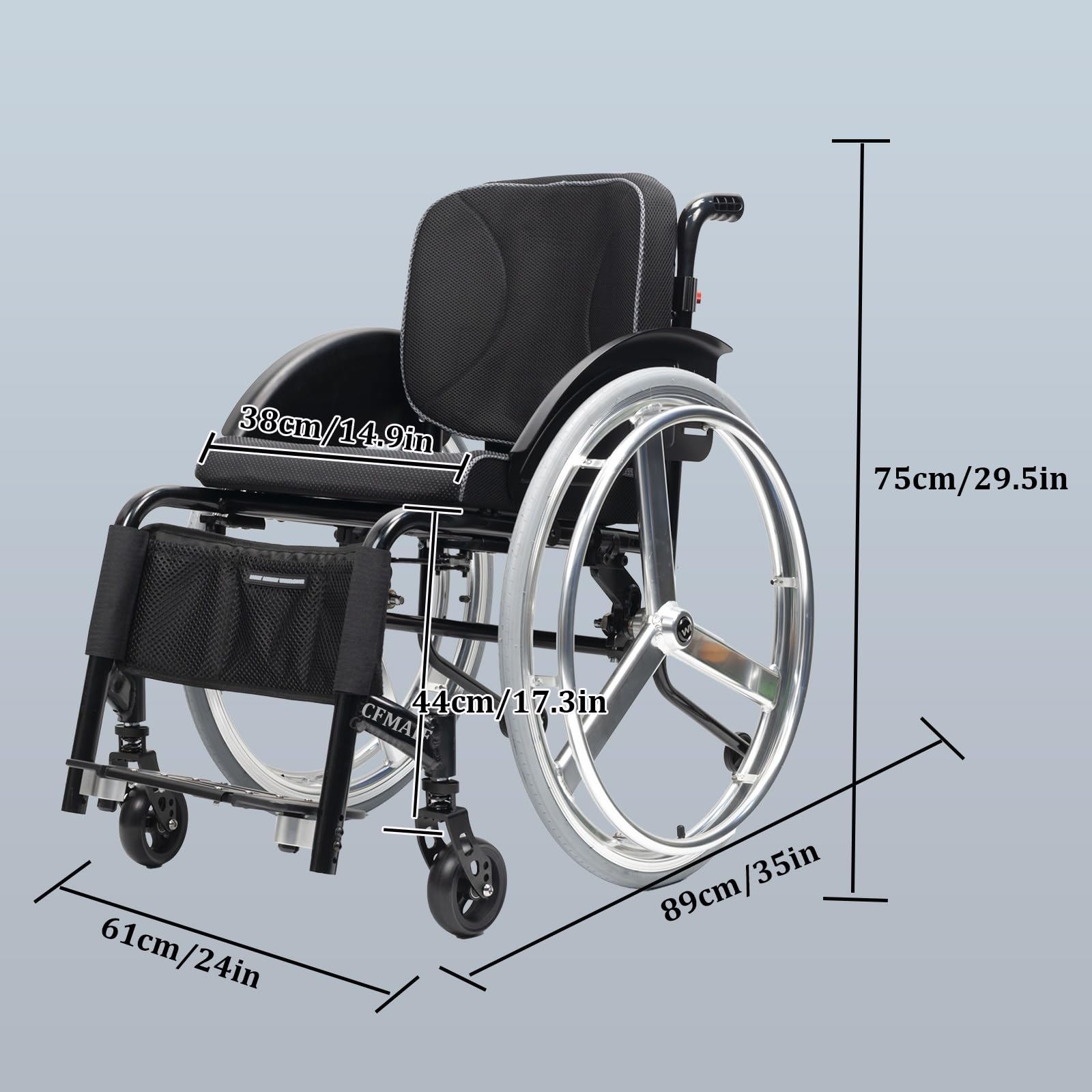 Lekki aluminiowy wózek inwalidzki, podnoszenie, podłokietniki podróżne, samojezdny, zdejmowany podnóżek (A, 38 cm/14,9 cala)