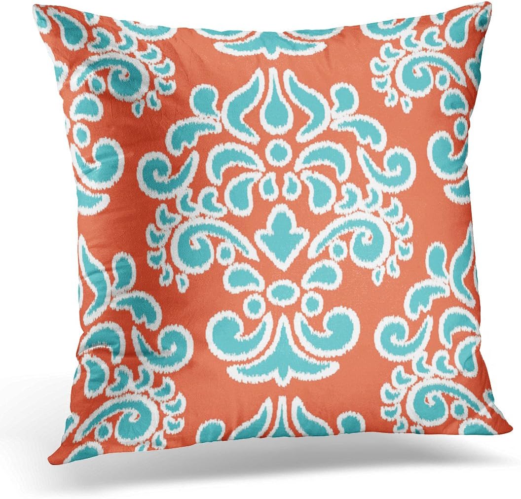 TORASS Throw Pillow Cover Colorful Sophisticated Ikat Floral Damask Aqua and Orange Turquoise Decorative Pillow Case Home Decor Square 16x16 Inches Pillowcase