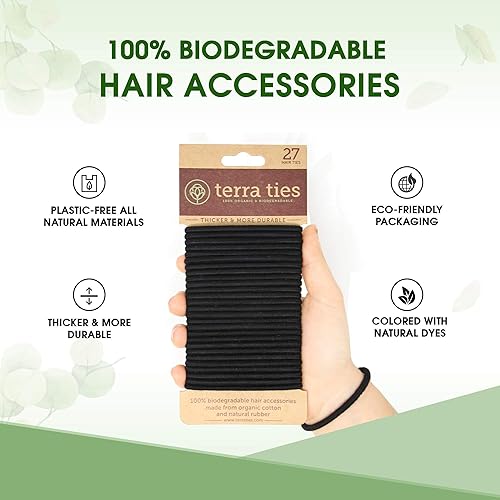 Miniatura 3 de BIODEGRADABLE - Lazos elásticos para el cabello para mujeres y hombres, orgánicos, sin arrugas, ligas negras para cola de caballo y coletas para