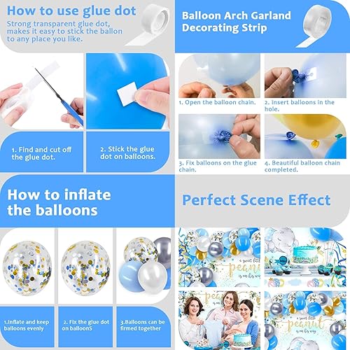 Miniatura 5 de PARTY SPOT! 94 piezas de decoración de baby shower para niño, 5 cajas de globos blancos, 70 globos de látex, decoración temática de elefante azul,