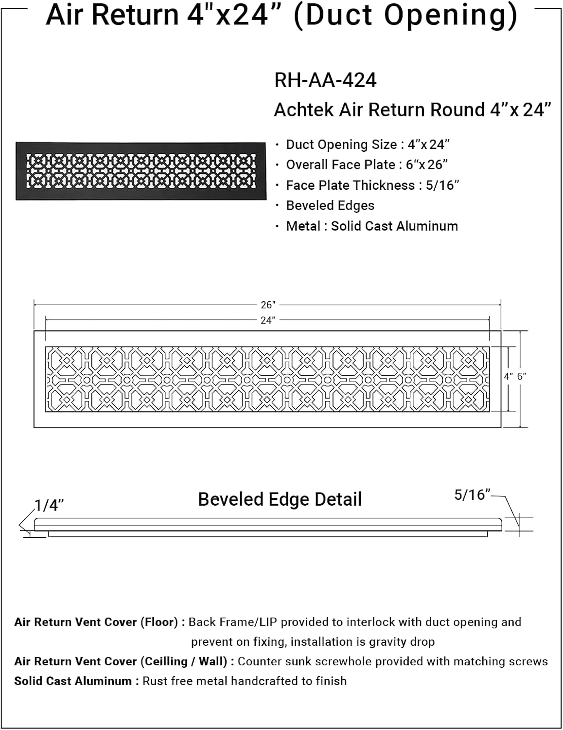 Achtek 4"x24" Duct (6"x26" Overall Size) Solid Cast Aluminum HVAC Air Return Grill Vent Cover | Powder Coated | for Floor-White Without Screw Holes