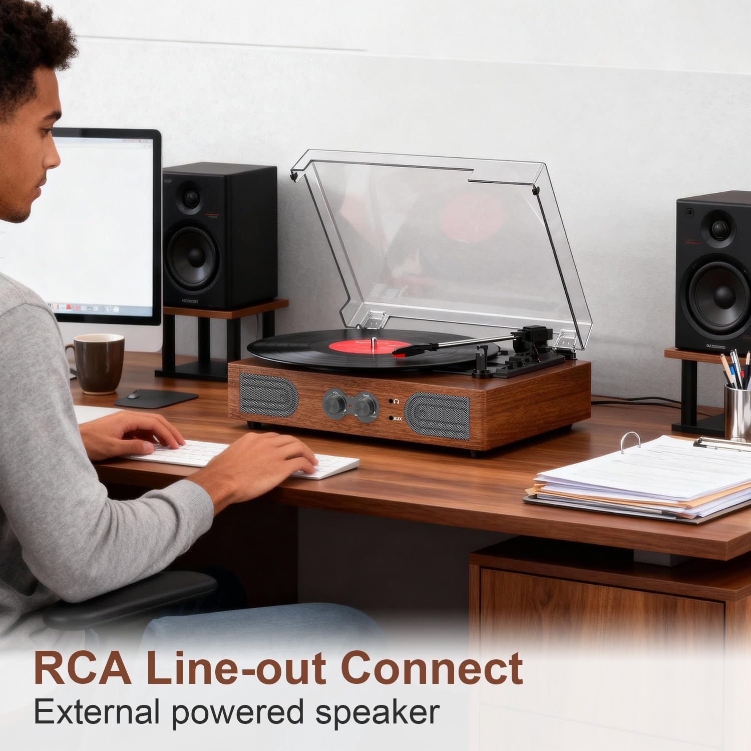 Vinyl Record Player with Walnut Finish, 3-Speed Belt-Drive Turntable with Built-in Speakers, Easy Setup Record Player for Beginners, RCA/AUX/Headphone Jack, Classic Home Audio GIF