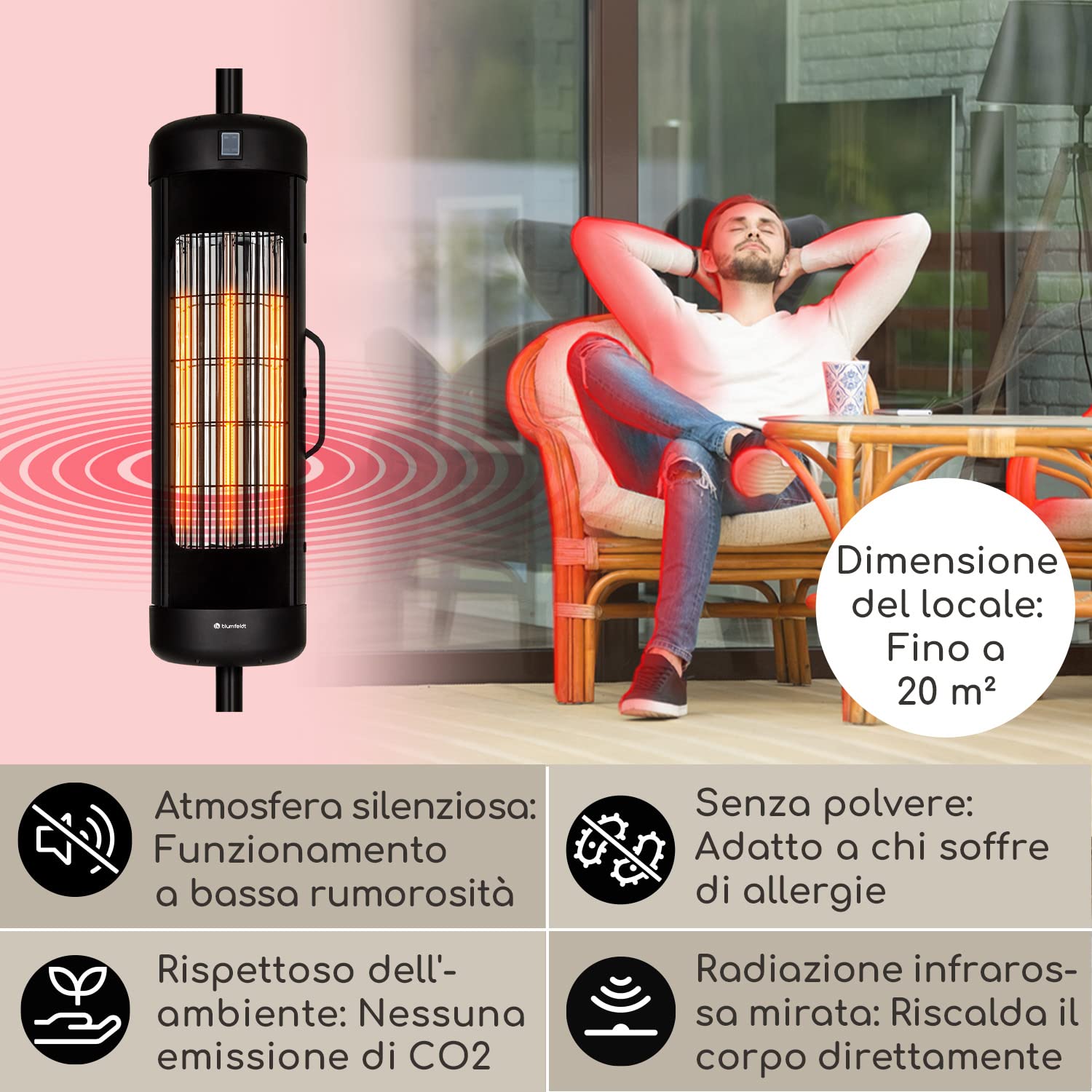blumfeldt Heat Guru - Stufa infrarossi, terrazza, riscaldatore da esterno con protezione IP54, lampada infrarossi riscaldante con basamento e telecomando, 2000 W