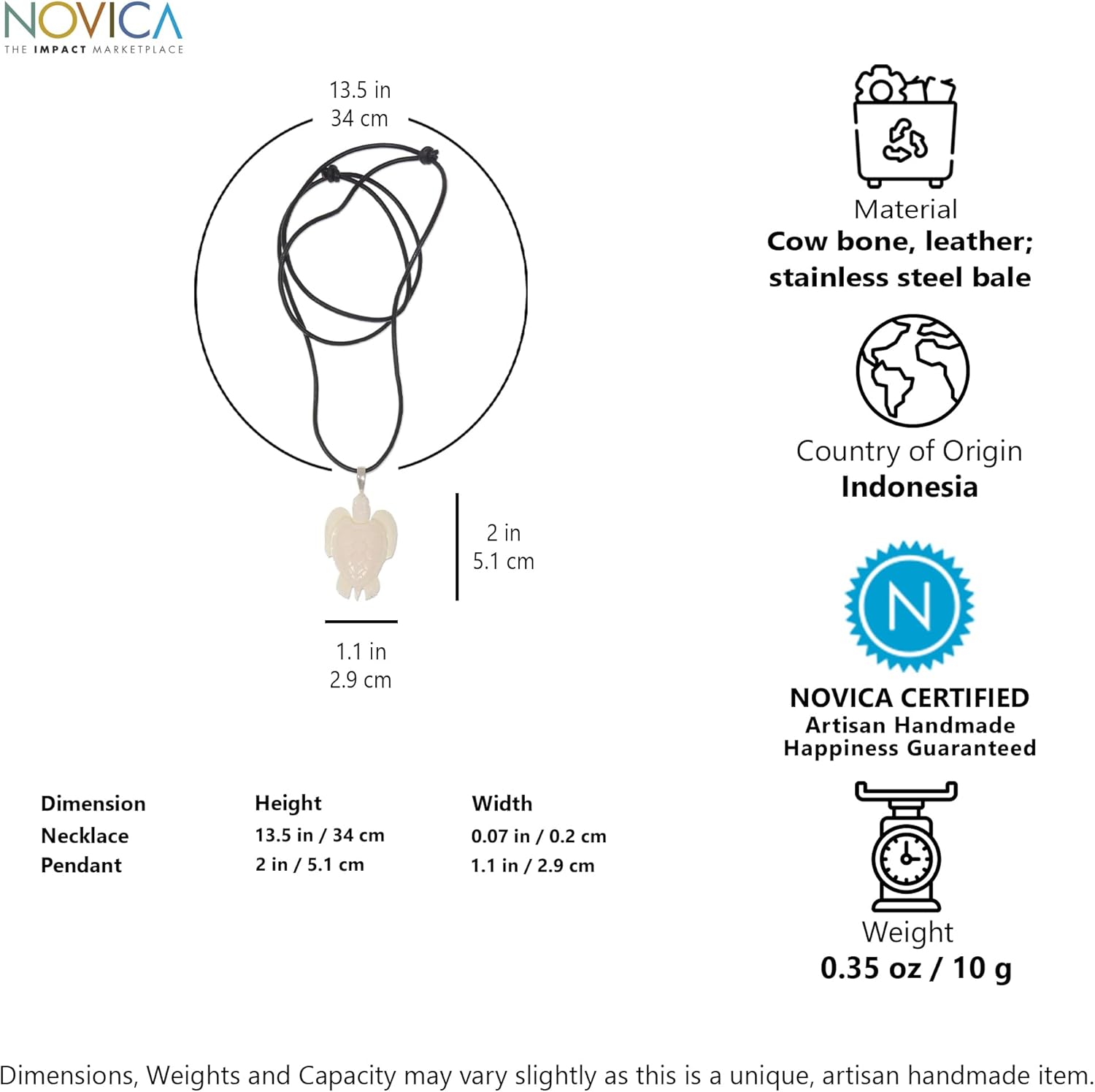 NOVICA Artisan Handmade Bone and Leather Pendant Necklace | White Turtle Motif | Brown Cord | Animal Themed Jewelry | Indonesia | 13.5-27.5 in L | 2 in Pendant