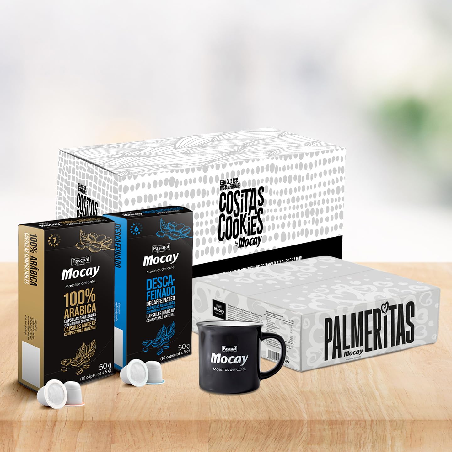 MOCAY - PACK OFICINA BASIC - 100 Cápsulas de Café Natural, 100 Cápsulas de Café Descafeinado, 120 Palmeritas y 220 Cookies + Taza de Regalo - Ideal para desayuno