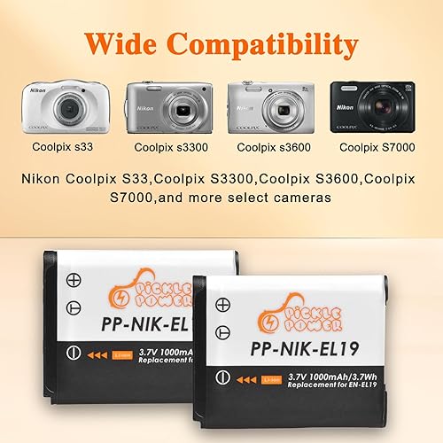 Miniatura 2 de Pickle Power EN-EL19 NP-BJ1 Batería y cargador USB LED compatible con Nikon Coolpix S32 S33 S100 S2800 S3100 S3200 S3300 S3500 S3600 S3700 S4100