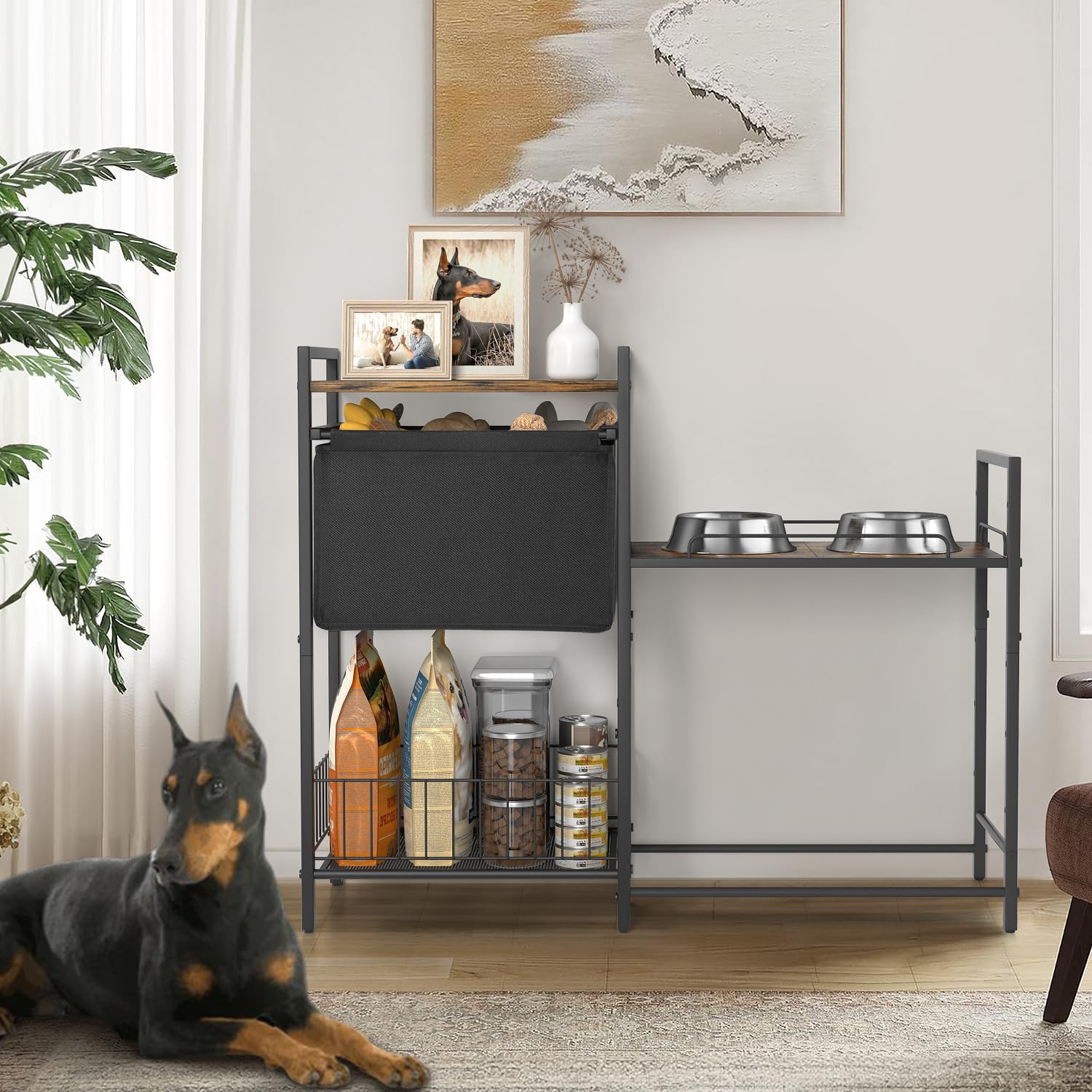 Lomivra Cuencos elevados para perros, soporte elevado para cuencos para perros con cesta de juguetes para perros, estación de alimentación para alimentos y agua, armario elevado para cuencos para