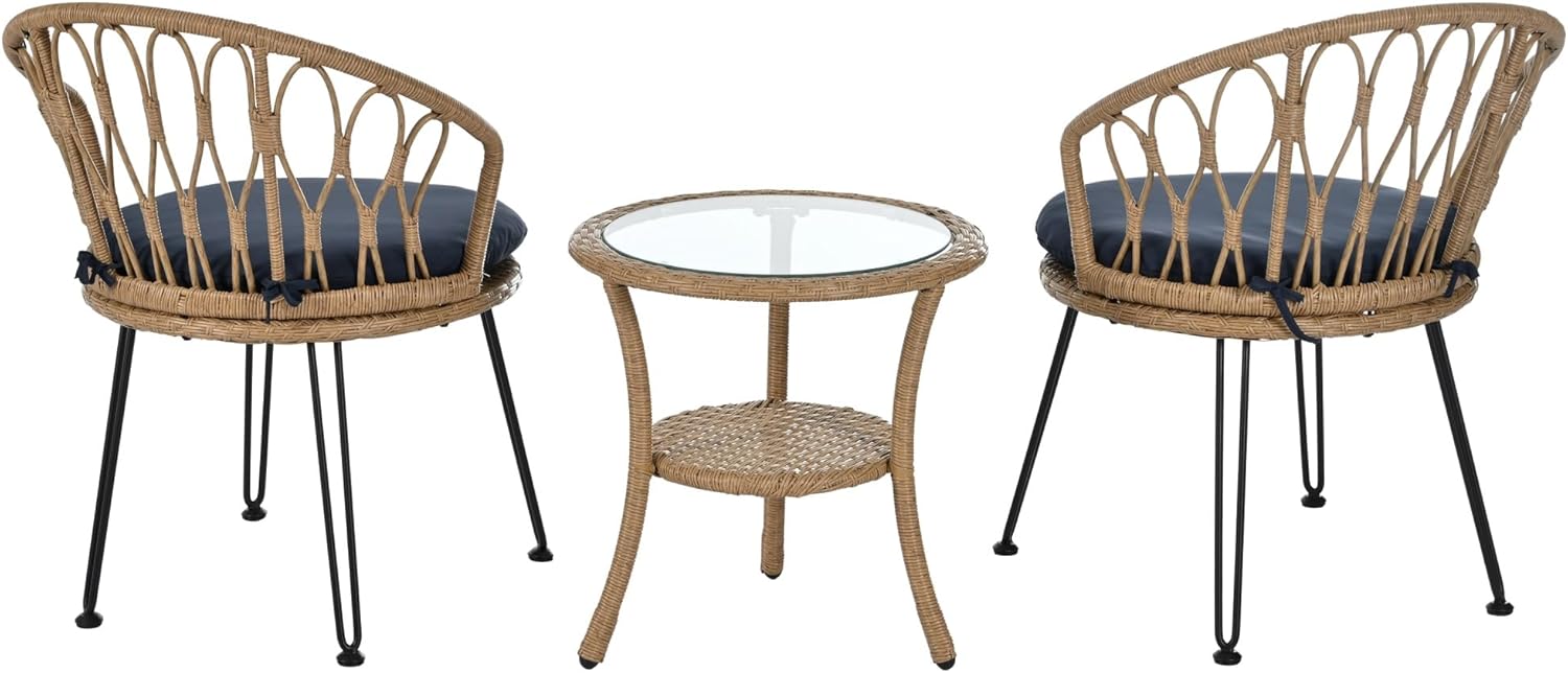 Outdoor Leisure Set, 2 Rattan Single Chairs with A Glass Round Table, Perfectly Suited for Patios, Balconies, and Courtyards(Dark Blue)