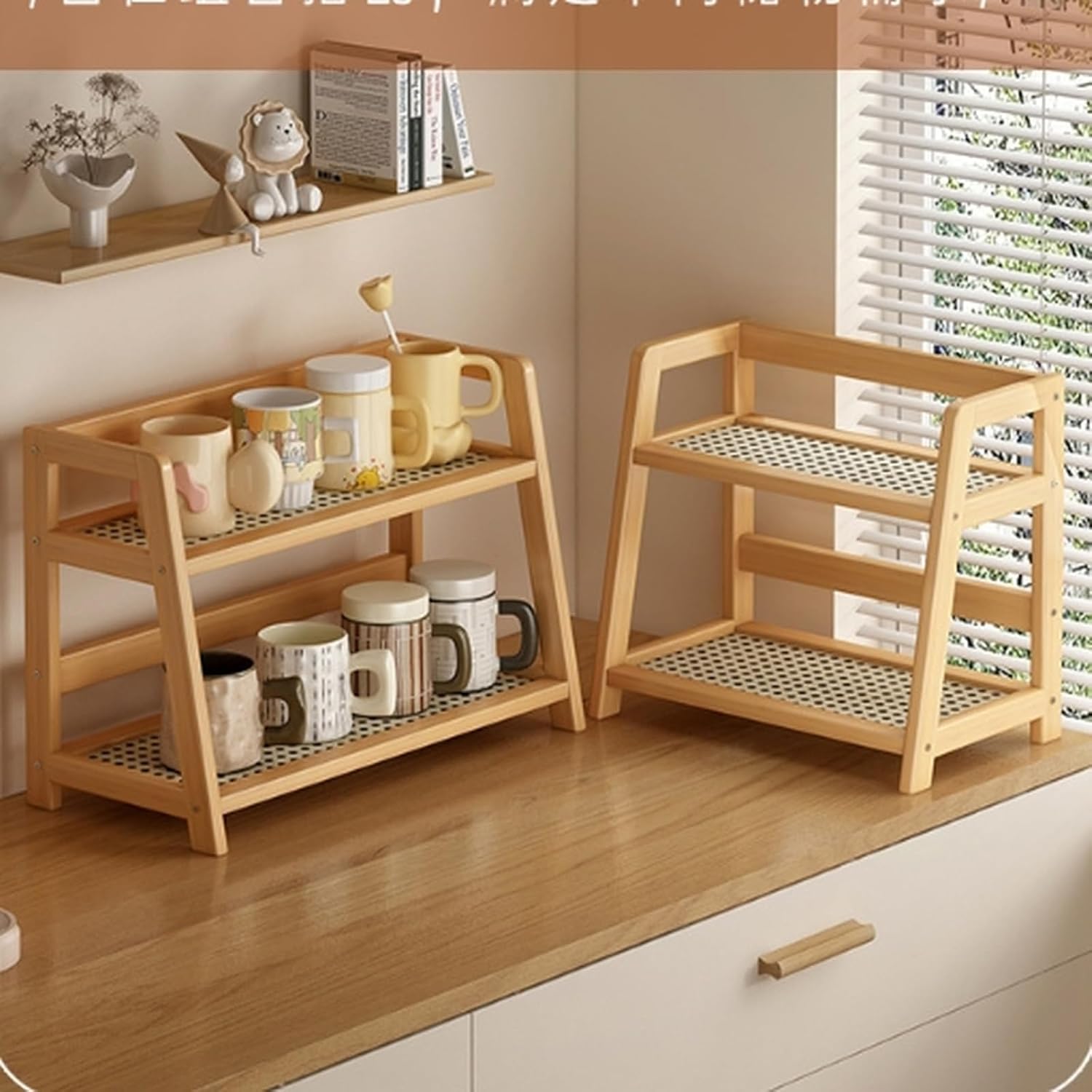 2-Tier Bamboo Coffee Mug Organizer, Multi-Purpose Tea Cup Holder Rack for Kitchen & Bathroom, Natural Wooden Storage, 15.3"x6.9"x11.2" - Space-Saving Design