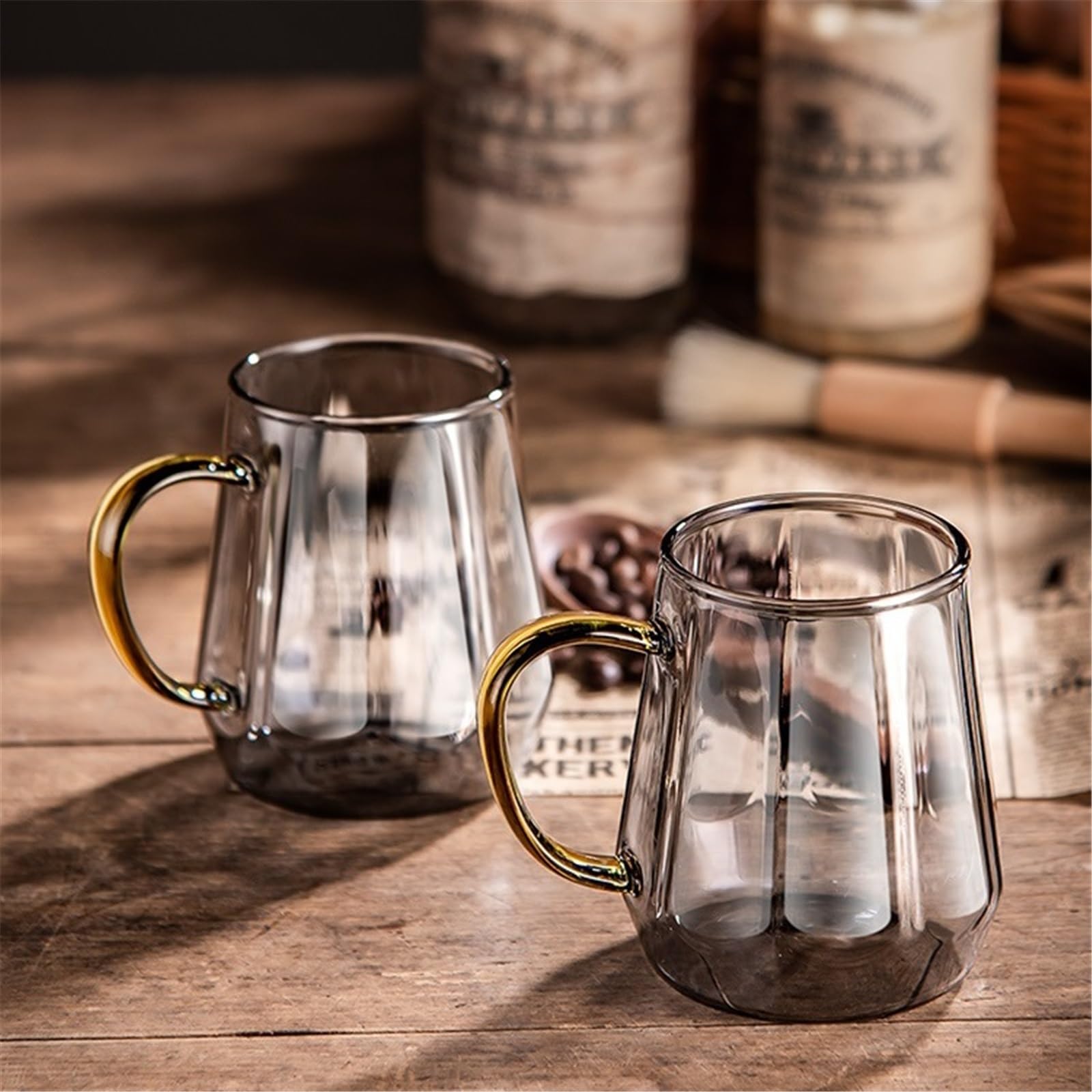 Glasbecher Set mit 2 Glaskaffeetassen, 11,8 oz (ca. 350 ml) klare Borosilikatglas-Trinkbecher Henkel for Kaffee, Saft, Milchgetränke Glasbecher(Grigio)