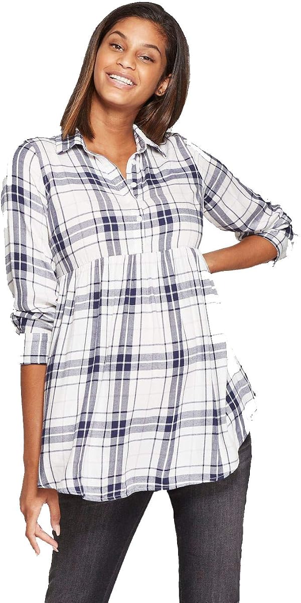 Ingrid & Isabel Women's Maternity Long Sleeve Plaid Flannel Popover Tunic (Blue/White, Large)