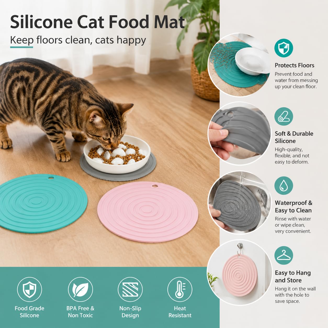 Tappetino Sottociotola per Cani e Gatti, Set 3 Pezzi in Silicone Antiscivolo Impermeabile, 2 x 16 cm e 1 x 18 cm, Base per Ciotole Cibo Acqua, Protezione Pavimento per Casa Viaggio e Campeggio