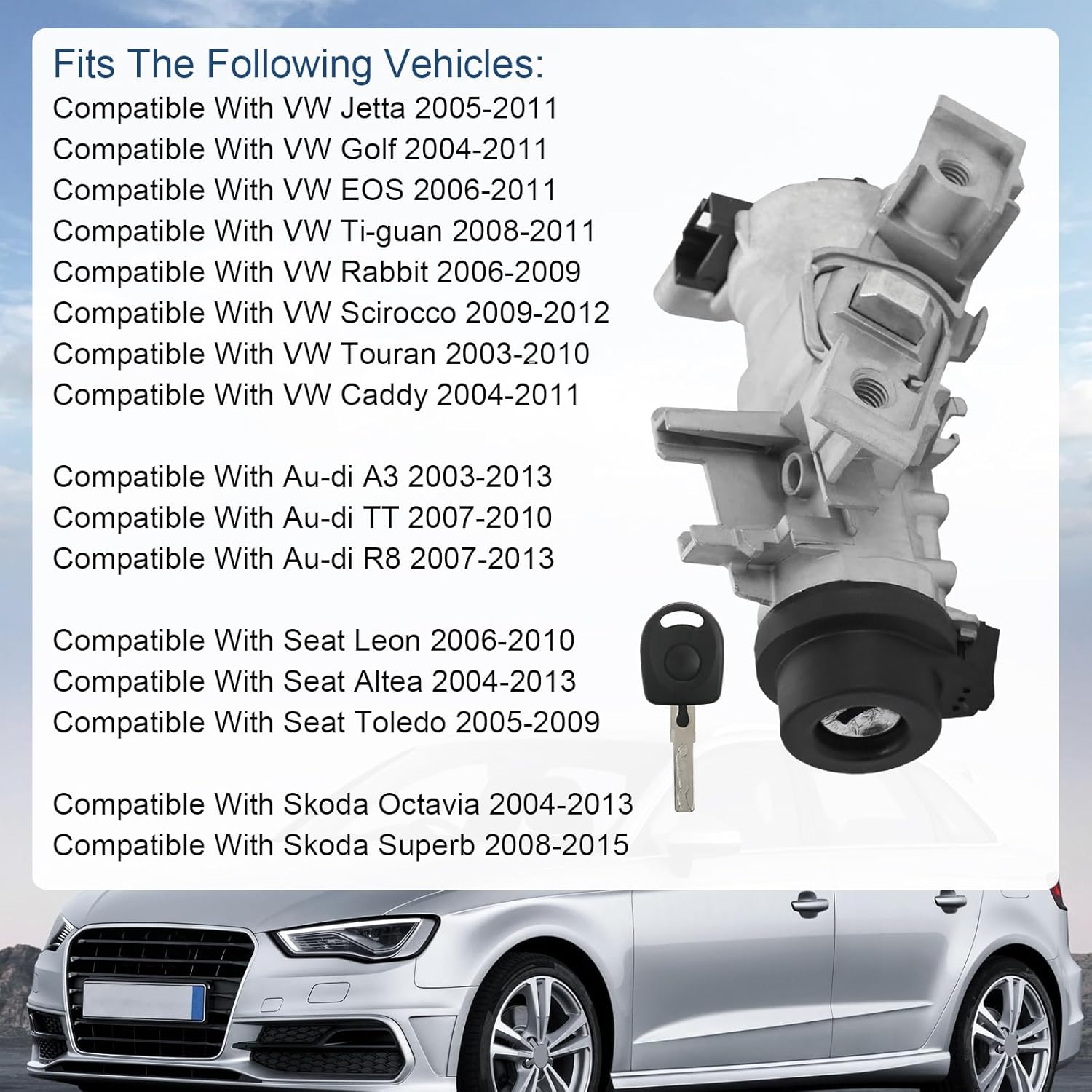 Ignition Starter Switch Lock Cylinder Compatible with VW Jetta Golf Ti-guan 2004-2011, Au-di A3 TT R8 2003-2013, Replace 5Q0905865A 1K0905851B, No Chip - Image 2