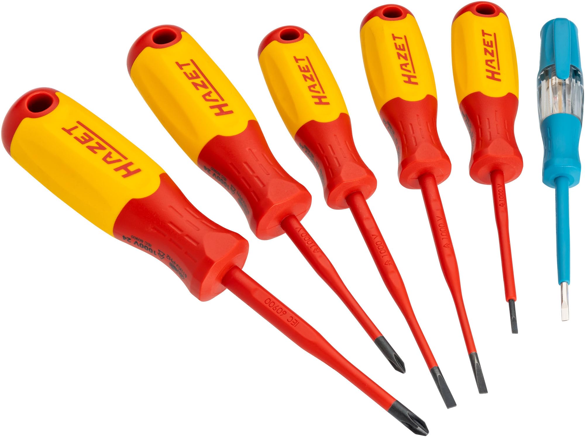HAZET Set di cacciaviti per elettricisti ad alta tensione 811KV/6, 6 pezzi, VDE 1000V, profilo a taglio e PH, incluso tester di fase, isolamento protettivo'.