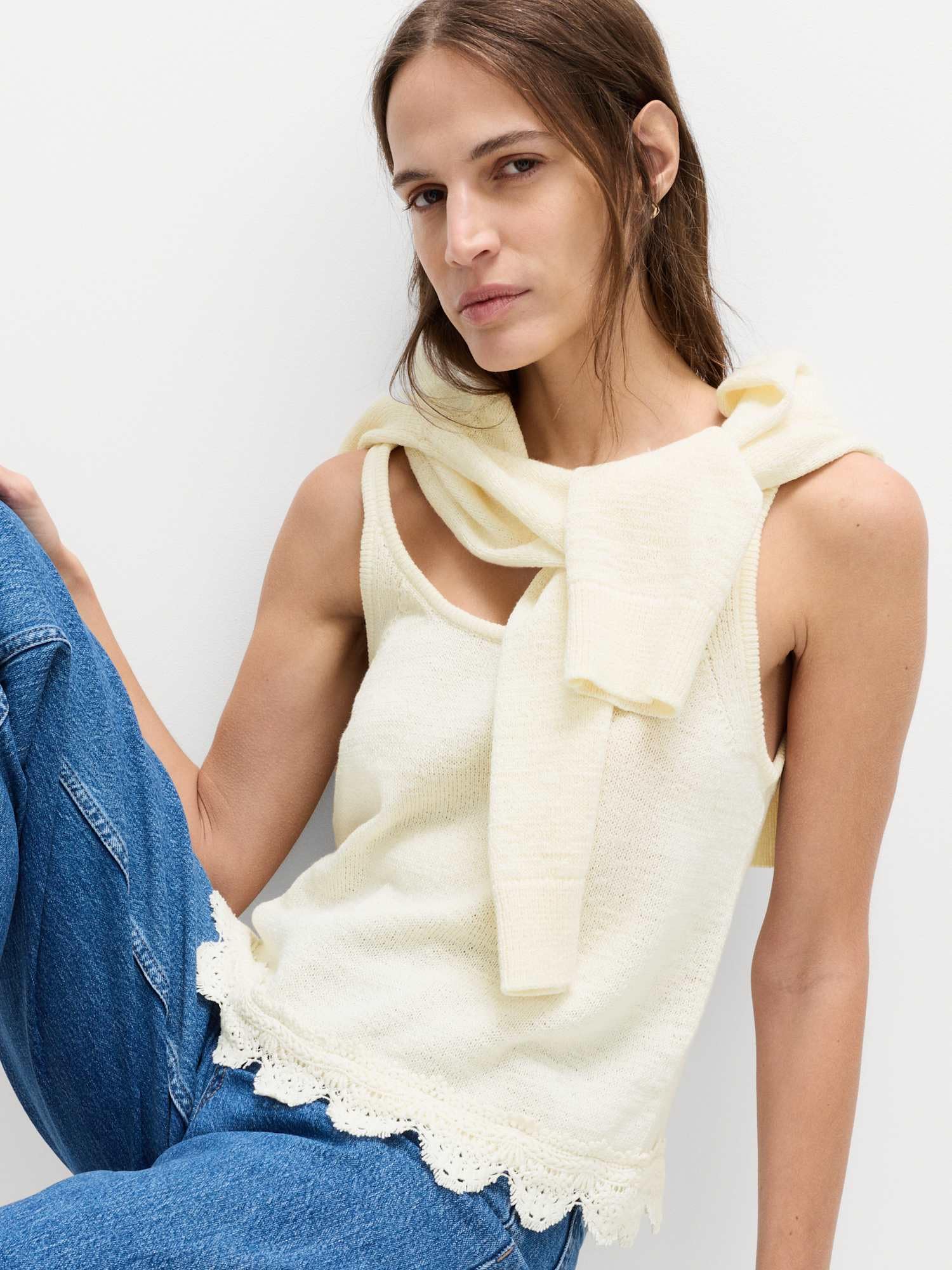 Marks & Spencer Donna Pizzo Dettaglio Misto Cotone Maglia Top – vestibilità Slim
