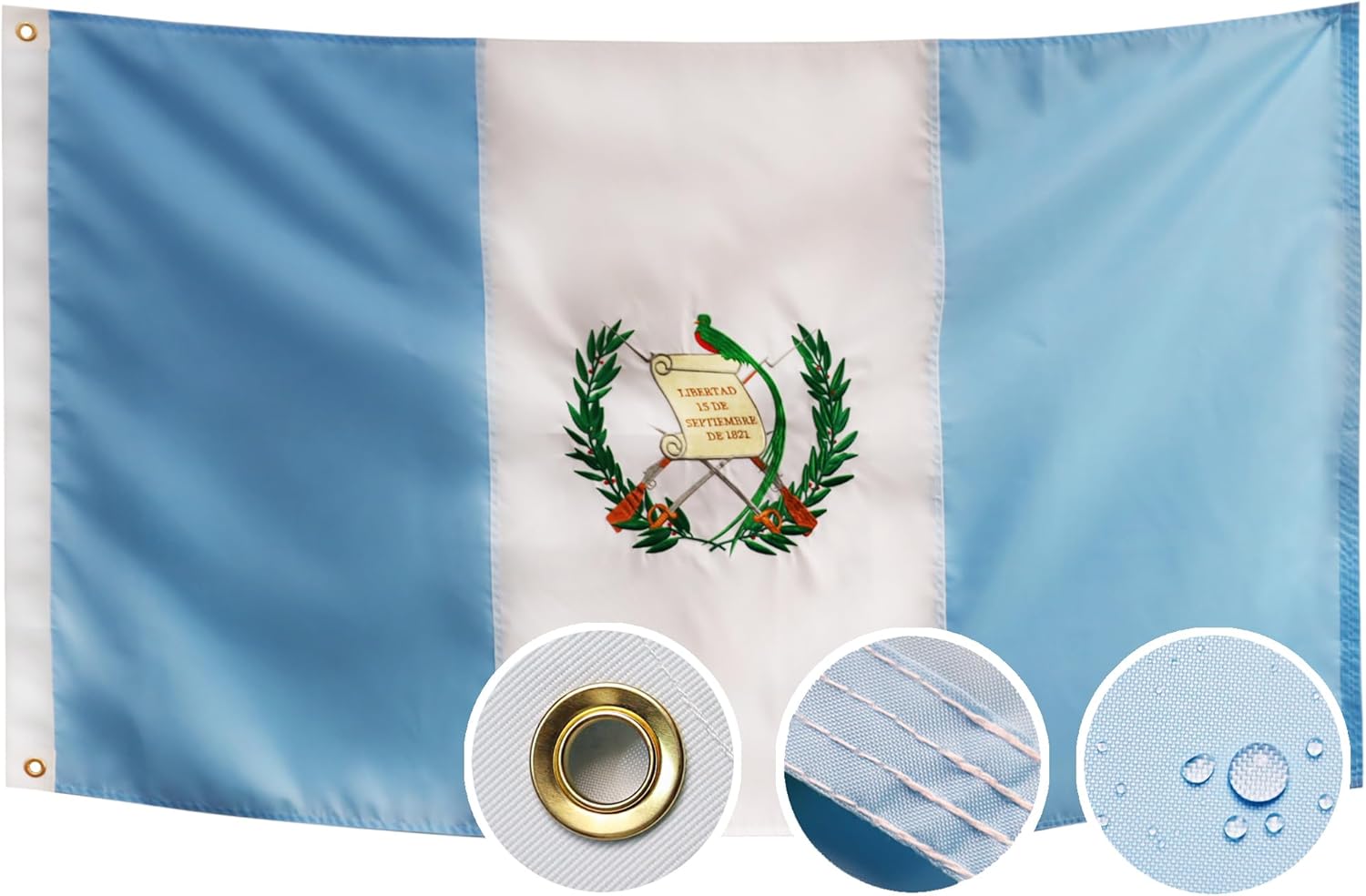 Double Sided Guatemala Flag 3x5 Ft Outdoor Guatemalan Flags Heavy Duty 210D Nylon, Sewn Stripes, Stronger Brass Grommets,4 Stitched Hemming, Perfect for Outside