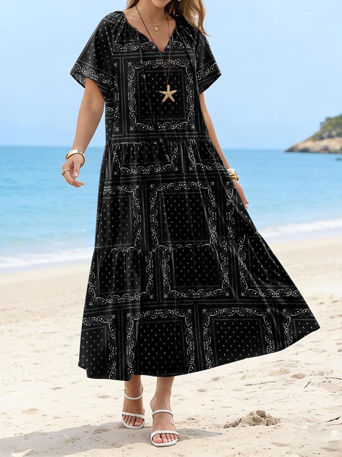 Yousify Womens 2026 Summer Maxi Dresses Short Sleeve Boho Beach Shirt Dresses Loose Vacation Outfits Sundresses - Image 3