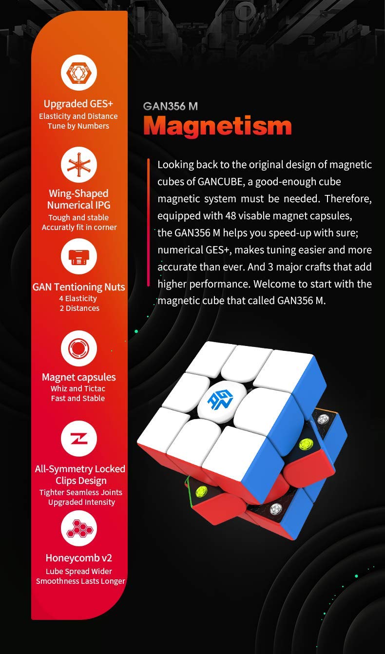 GAN 356 M Version Standard - Cube Magnétique Speed 3x3 sans Autocollants GAN356 M avec GES Supplémentaire - Puzzle Speed 3x3x3 GAN 356M Magic (Version Standard 2020)
