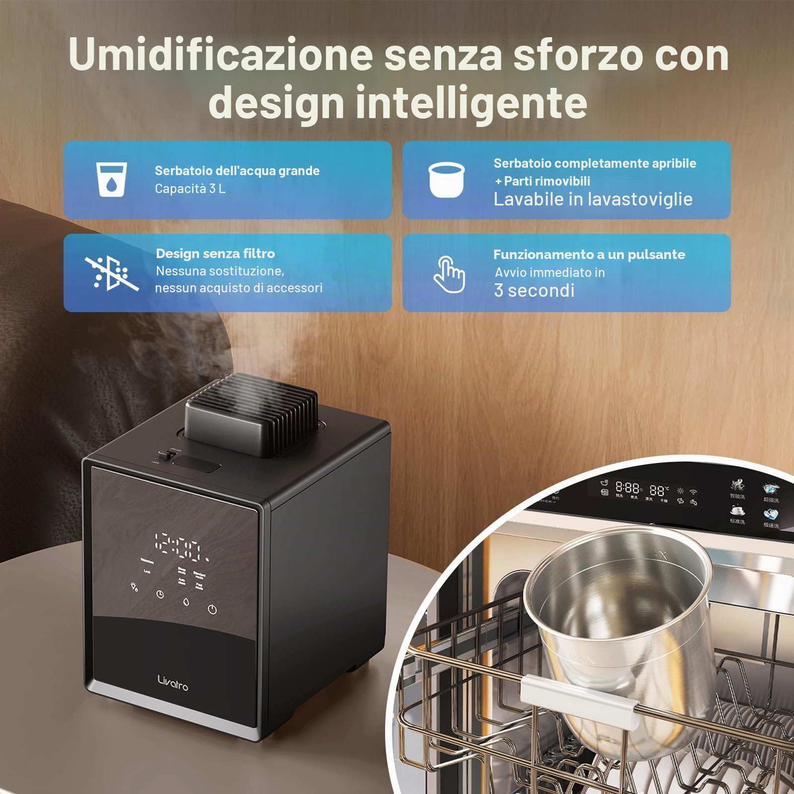 Livatro Umidificatore Ambiente Top Fill,3L Umidificatore a Vapore Caldo in Acciaio Inox, Riduce del 99,97% dei Batteri, Timer e Modalità Sonno, per Bambini, Ufficio,Camera da Letto,Salotto