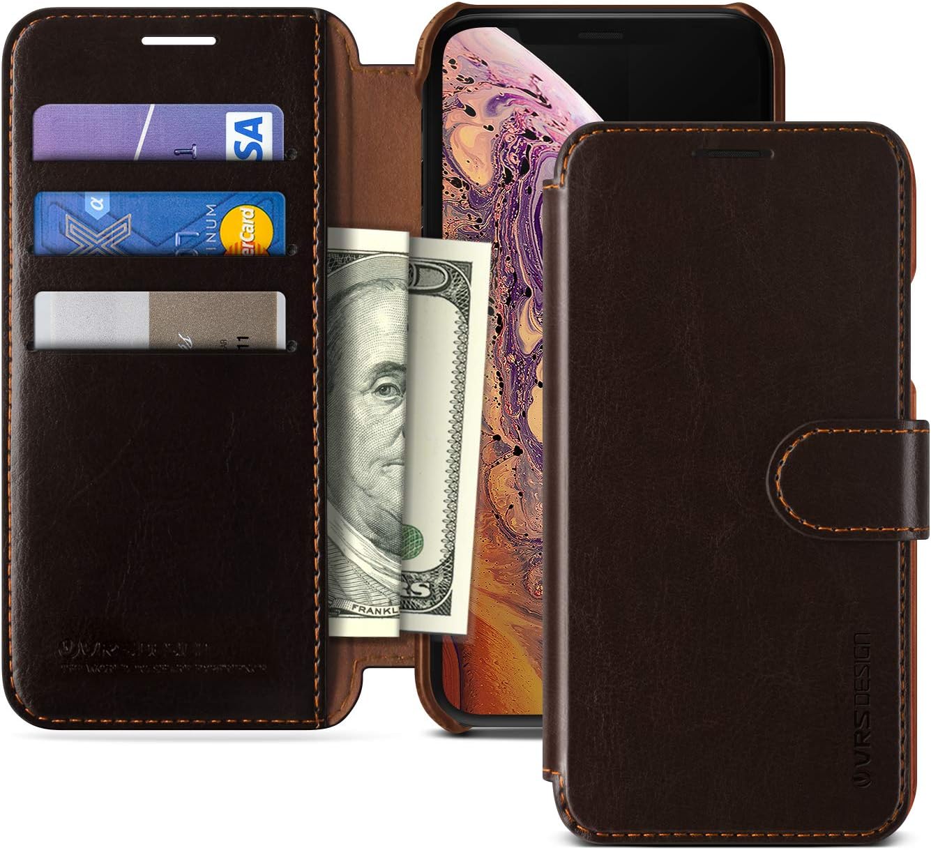 VRS DESIGN iPhone Xs Case, Drop Protection Cover Classy Slim Premium PU Leather Wallet [Dark Brown] ID Credit Card Slot Holder for Apple iPhone Xs/X (10) [Layered Dandy]