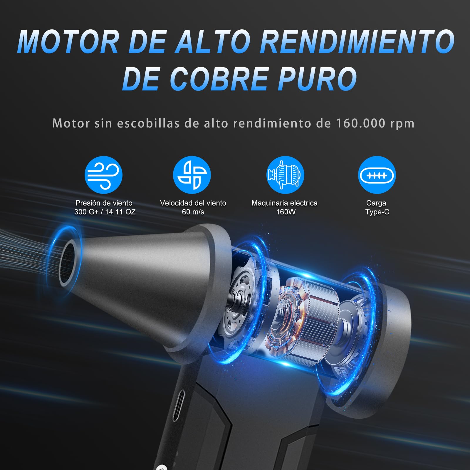 Aire Comprimido Limpieza PC, 160000 RPM Aire Comprimido Eléctrico, Batería de 10000 mAh, 4 Velocidades Ajustables para Limpiar PC, Sofá, Teclado, Coche, el hogar