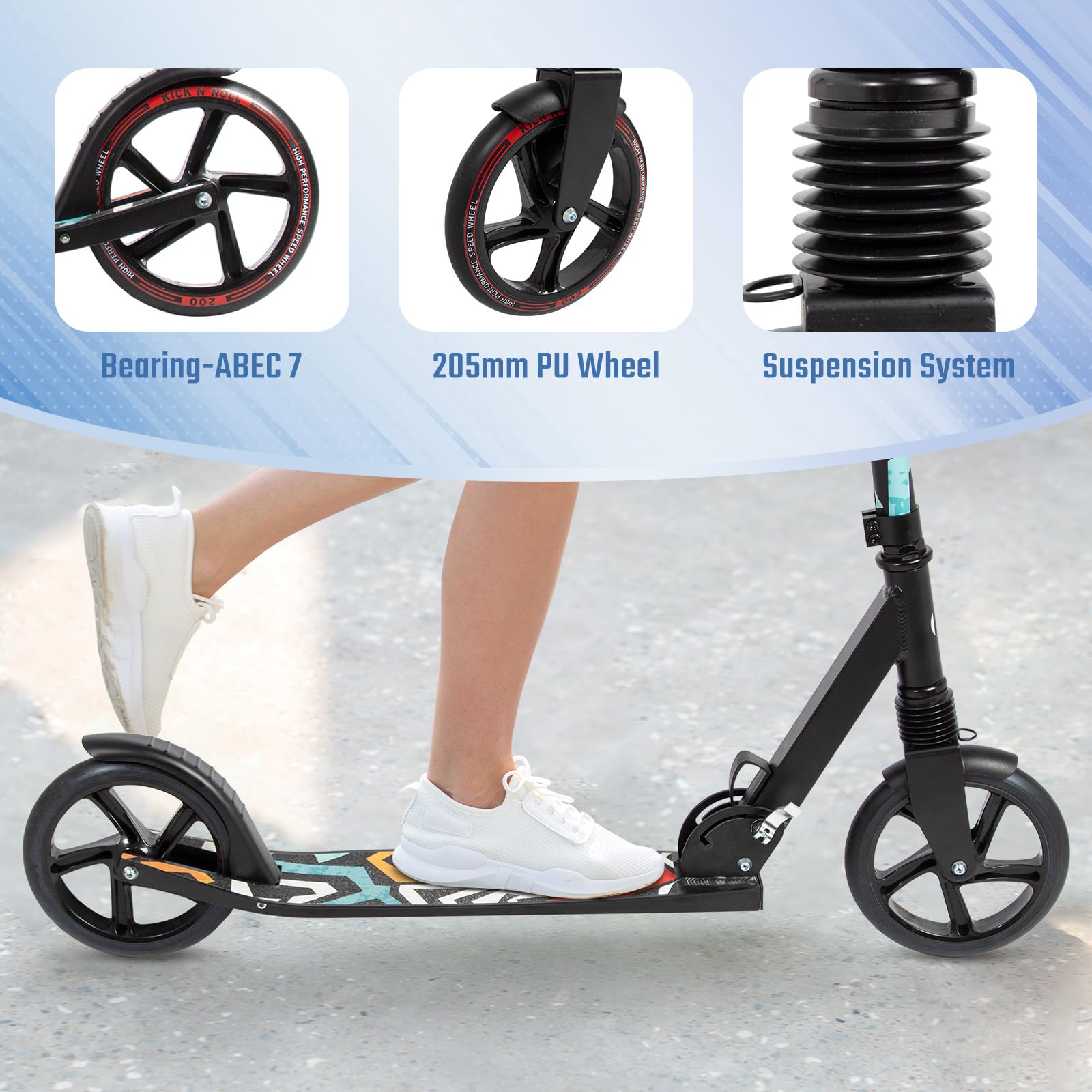 Leogreen Trottinette Scooter Pliable Trottinette Stableen Aluminium Noir | Hauteur de Guidon Réglable, avec Béquill, Roues à 205 mm, pour Adultes et Adolescents à 100kg