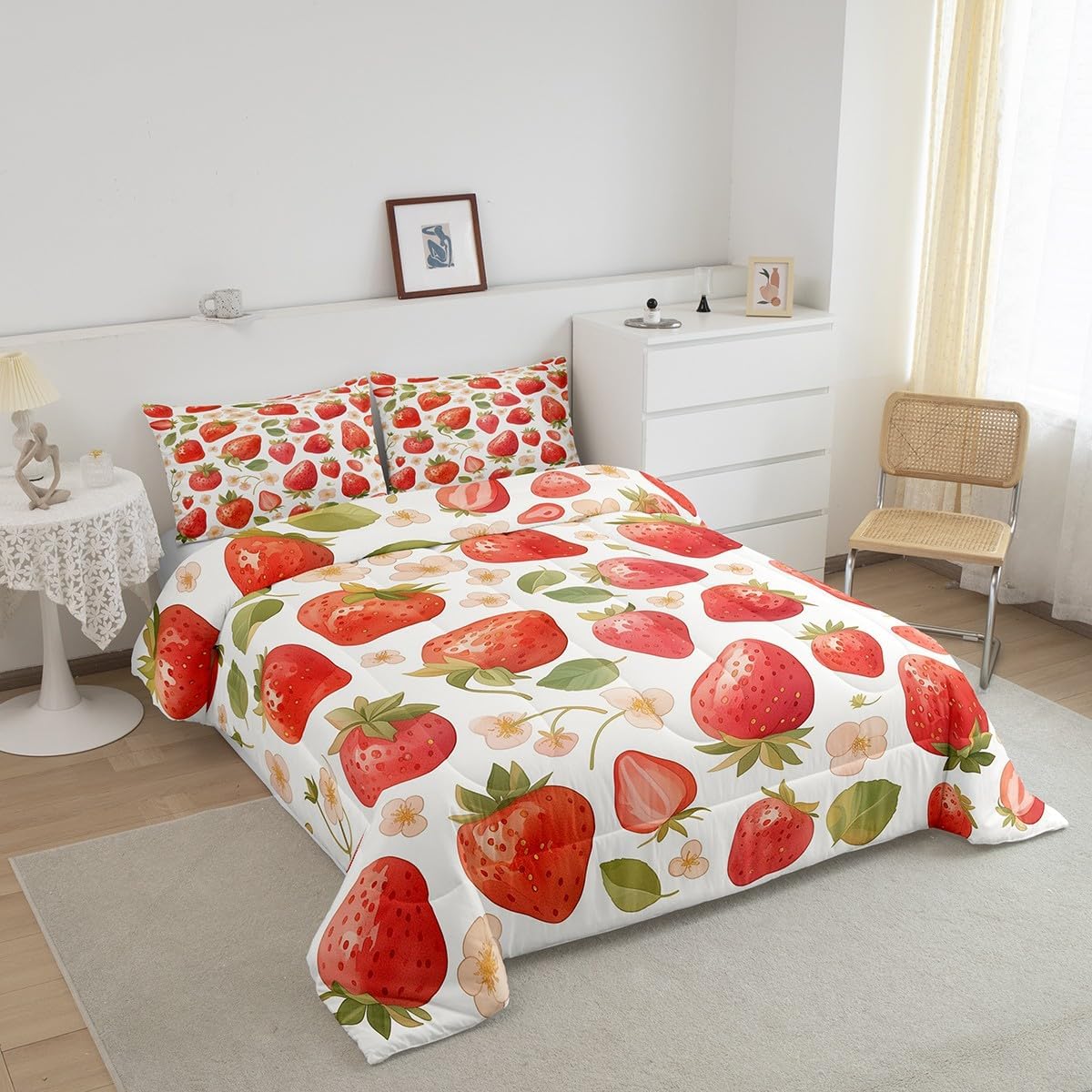 Feelyou Girls Strawberry Comforter Set Full Size Kids Kawaii Strawberry Floral Bedding Set for Boys Teens Cute Cartoon Strawberry Comforter Breathable Anime Duvet Set Room Decor Quilt Set