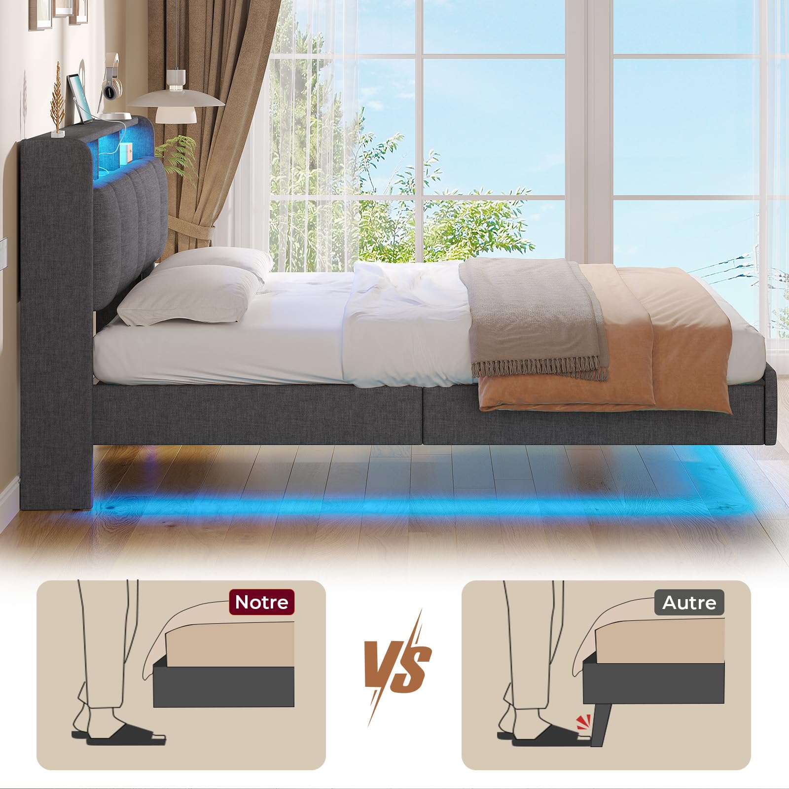 AOGLLATI Lit Double 140x190 avec Multiprise & Éclairage LED, Tête de Lit Rembourrée avec Rangement, Cadre de Lit avec Sommier, Moderne Effet Flottant, Tissu en Lin, Gris Foncé
