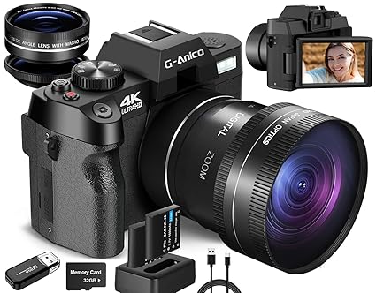 G-Anica 4K Digital Cameras for Photography, 48MP Vlogging Camera for YouTube with WiFi, 180 Flip Screen Compact Camera with Flash, 16X Digital Zoom Travel Camera with Wide-Angle &Macro Lens