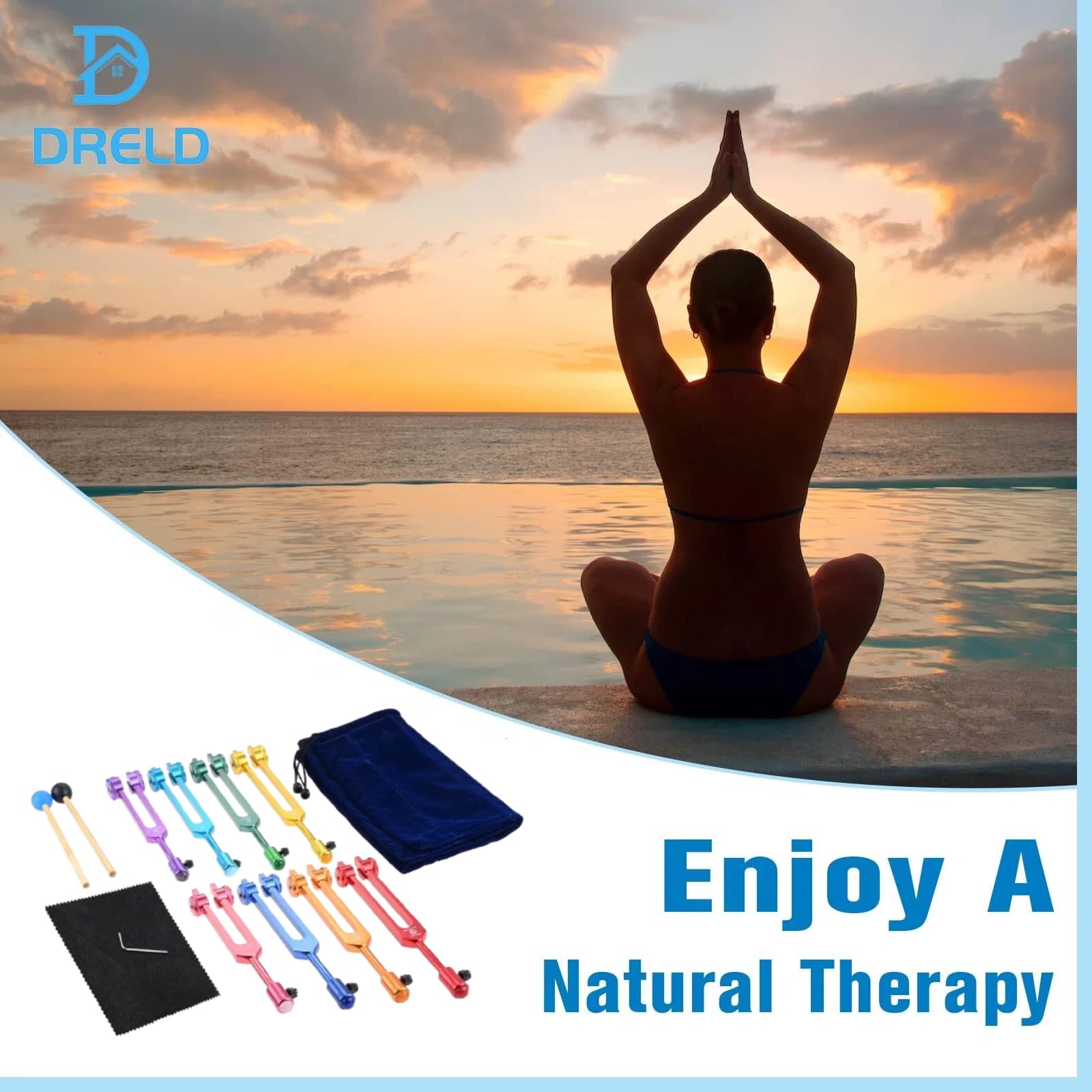 DRELD Chakra Stimmgabel Set mit Kristallverlängerung 7 Chakra und 1 Seelenzweck gewichtete Stimmgabel Solfeggio Stimmgabel set mit 2×Silikonhammer für Heilung Klangtherapie Vibration (Bunt. 8 STK)