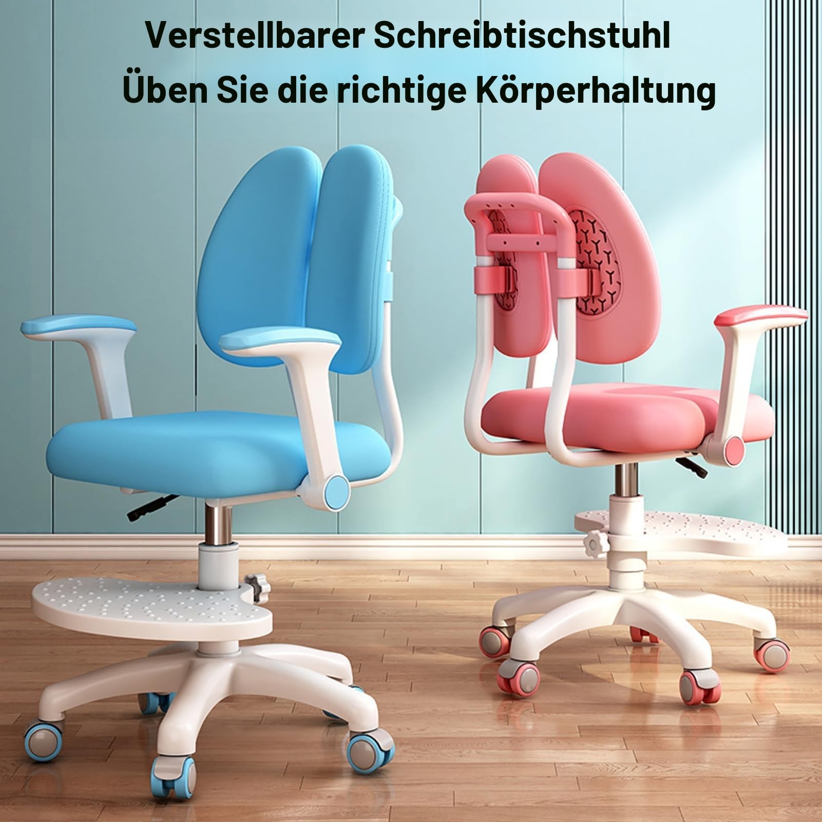 Aufgewerteter Kinder-Schreibtischstuhl mit 360-Grad-Rädern, höhen- und tiefenverstellbarer Kinder-Computerstuhl, niedlicher Kinder-Studienstuhl für Zuhause, Schule und Bibliothek Rosa