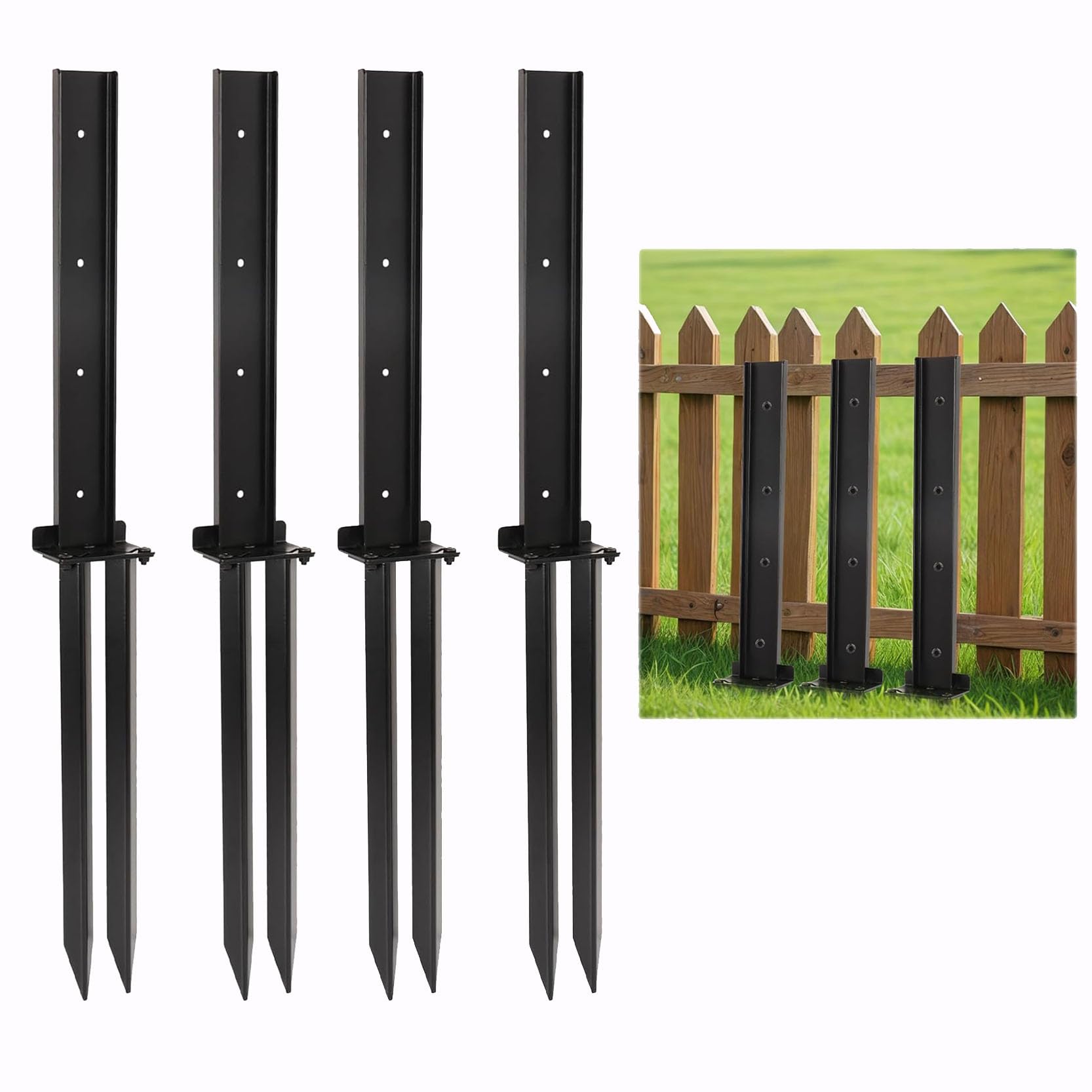 LQSYBHD Fence Post Repair Kit Heavy Duty Fence Post Anchor Ground Stakes Robust Quick-Fix Wood Support Anchor Ground Spike for Broken Leaning Tilted Wood Black(Size:4pcs)