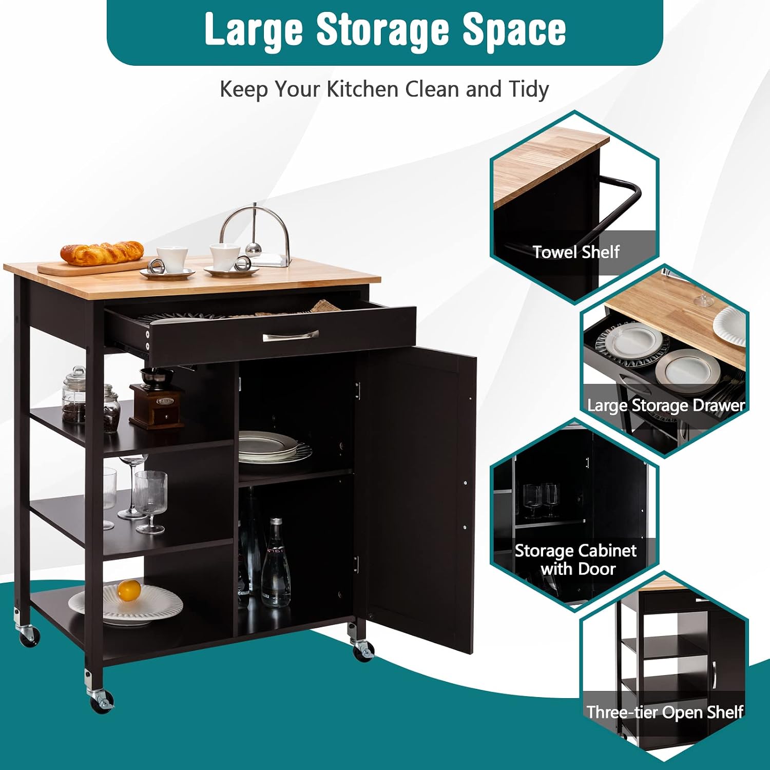 LOKO Kitchen Island with Storage, Rolling Kitchen Cart with Towel Rack, Storage Drawer, and 3-Tier Open Shelves, Kitchen Island on Wheels with Rubber Wood Top, 34.5 x 18.5 x 36.5 Inches (Espresso)