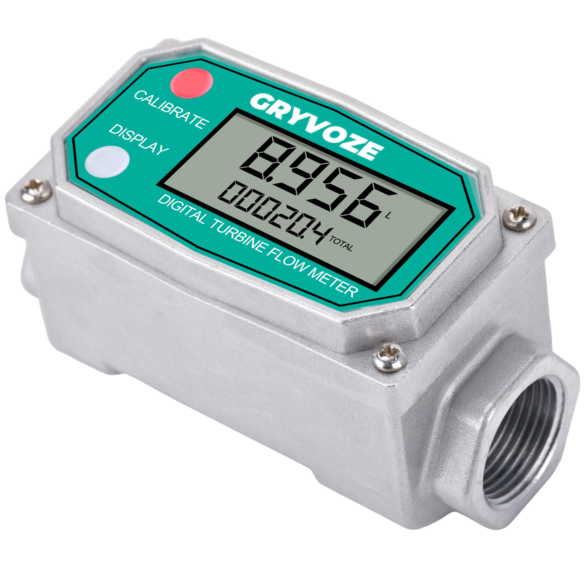 GRYVOZE 3/4 Inch Digital Turbine Fuel Flow Meter, 0.8-13.2 GPM Inline NPT Thread Flowmeter for Water, Diesel, Gas Oil, Kerosene, Methanol, and Other