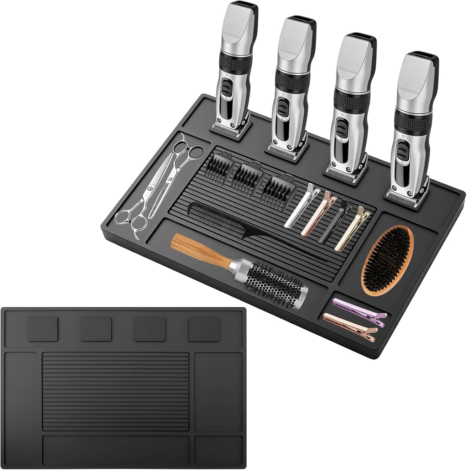 Magnetic Barber Mat for Clippers - Professional 4-Slot Tool Organizer Station with Strong Magnet, Non-Slip Flexible Silicone Mat for Barber Shop & Salon Accessories