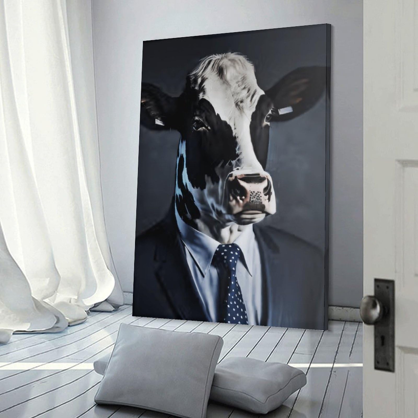 Junmoney Frame-Style-18 Home Decor Wall Art Cow In Suit Art Print, 24X36inch(60X90cm), For Bedroom Decor, Cosy Corners Or Studios, Decorative Wall Art For Cosy Rooms