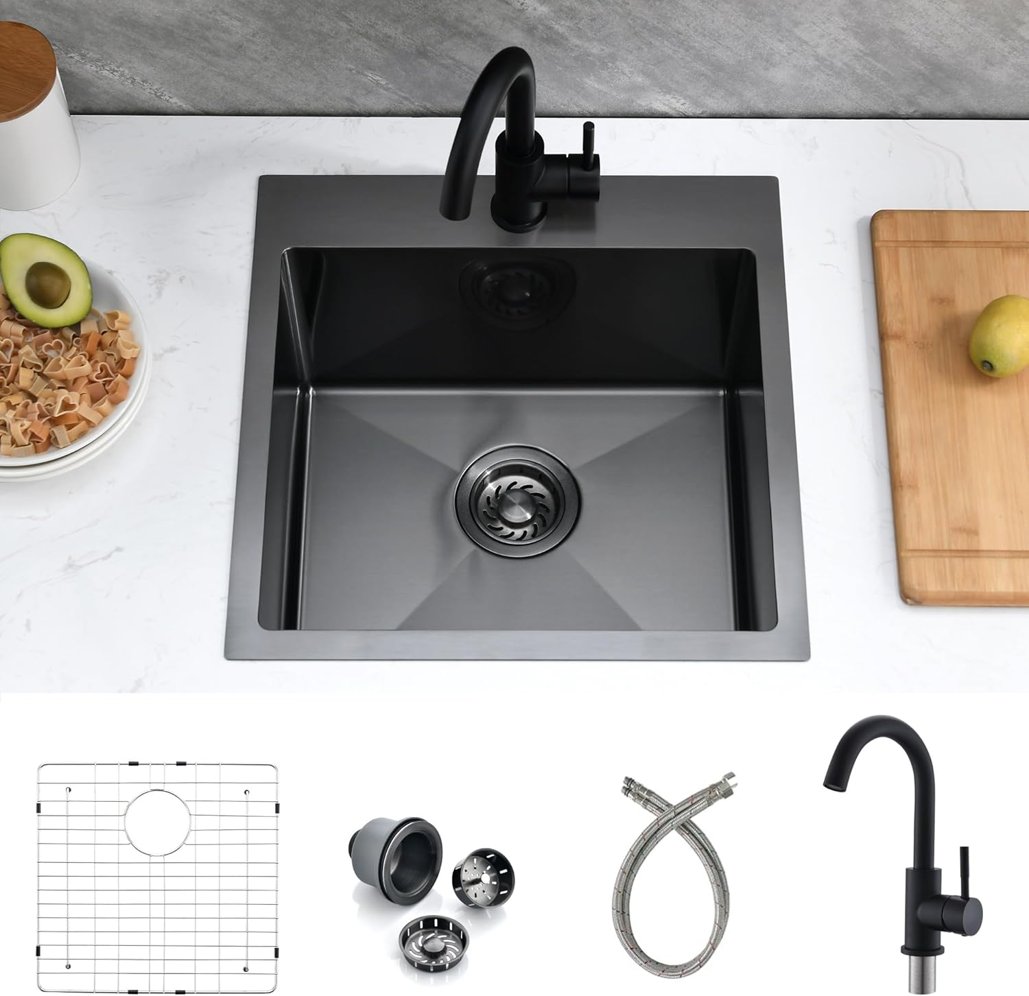 Drop In Kitchen Bar Sink with Faucet, 18 x 18 Inch Black Bar Sink Topmount Kitchen Sink 16 Gauge Stainless Steel Single Bowl