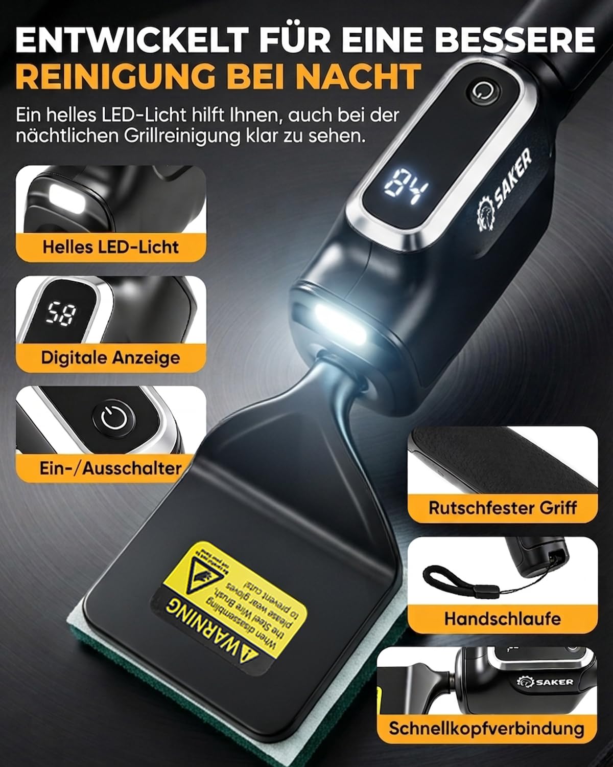 Saker Elektrische Grillbürste, Bürstenfreier BBQ-Reiniger mit Feuerbeständigem Pad, Kabelloser Grillreiniger für Holzkohle-, Pellet- und Flachgrills