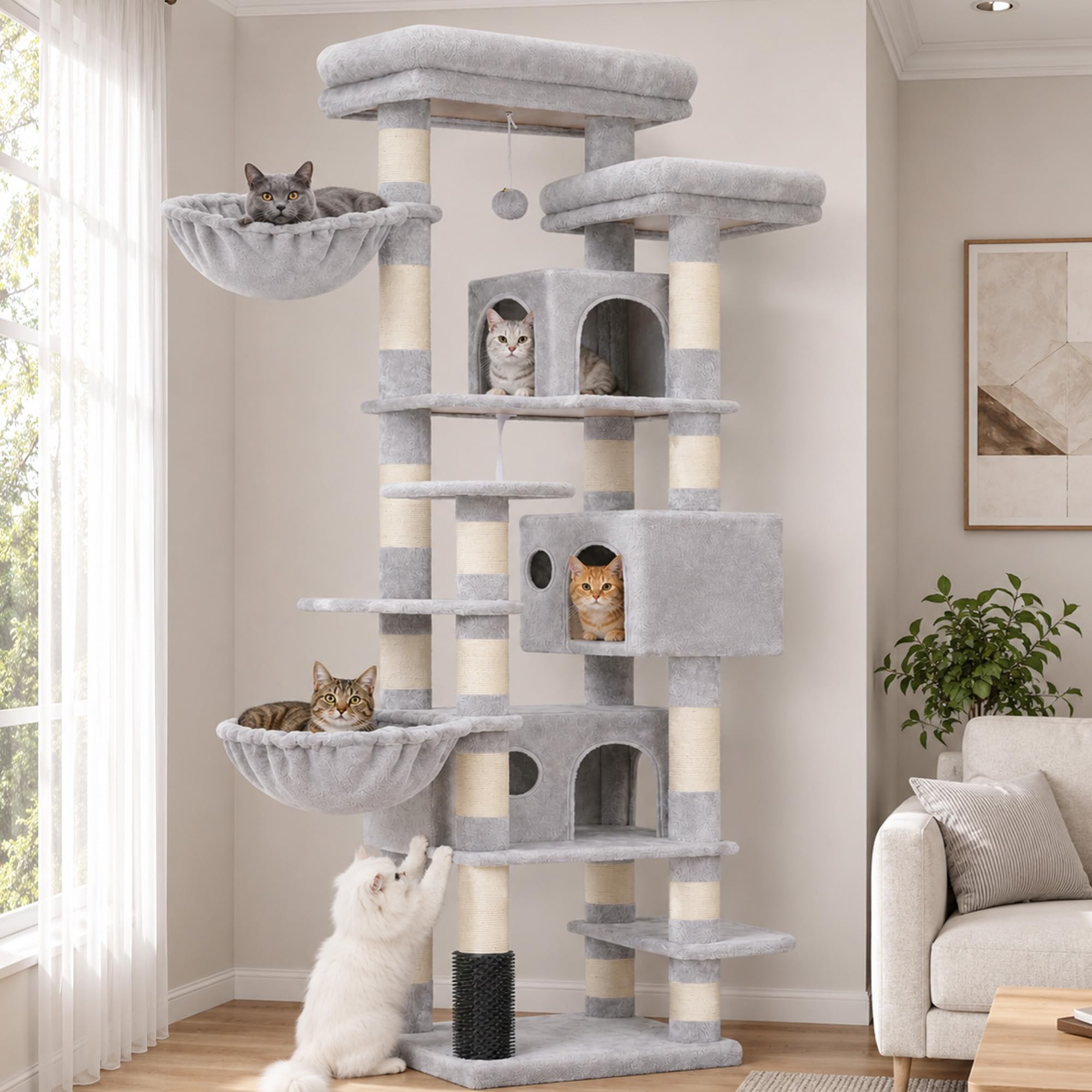 Hey-brother Árbol para Gatos Rascador XXL, Torre de Gatos Multi - Nivel de 188 cm de Altura,con 2 Grandes Plataformas, 3 Cuevas y 2 Cestas, Gris Claro 0EMPJ035-MW